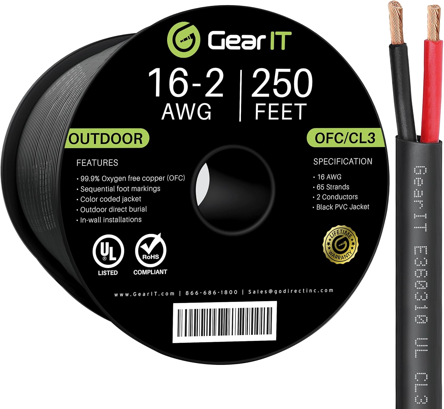 GearIT 12/2 Speaker Wire (250 Feet) 12AWG Gauge - Outdoor Direct Burial in Ground/in Wall / CL3 CL2 Rated / 2 Conductors - OFC Oxygen-Free Copper, Black 250ft
