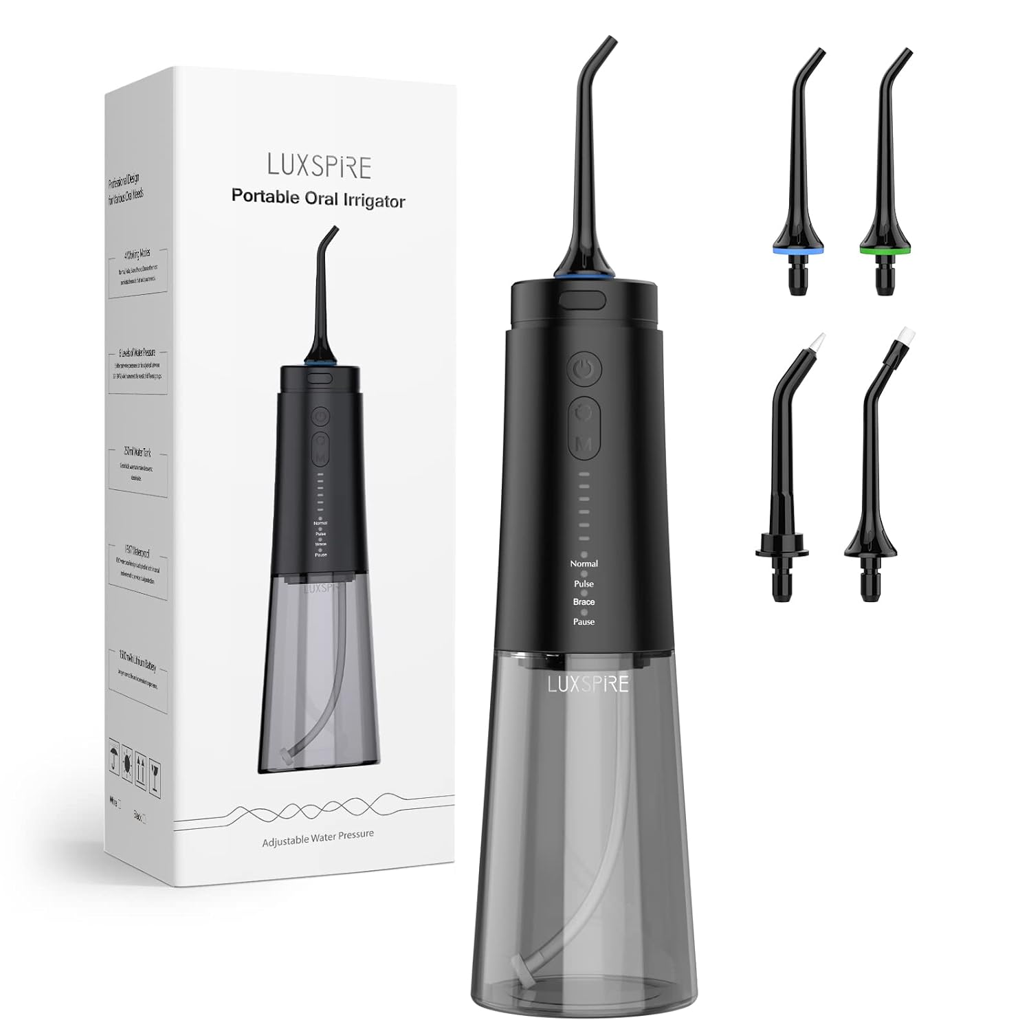 Luxspire Cordless Water Flosser, 6 Pressure * 4 Modes Portable Power Dental Flosser, Waterproof Oral Irrigator USB Rechargeable Powerful Battery Teeth Oral Cleaner for Home & Travel Easy to Use, Black Pack of 2