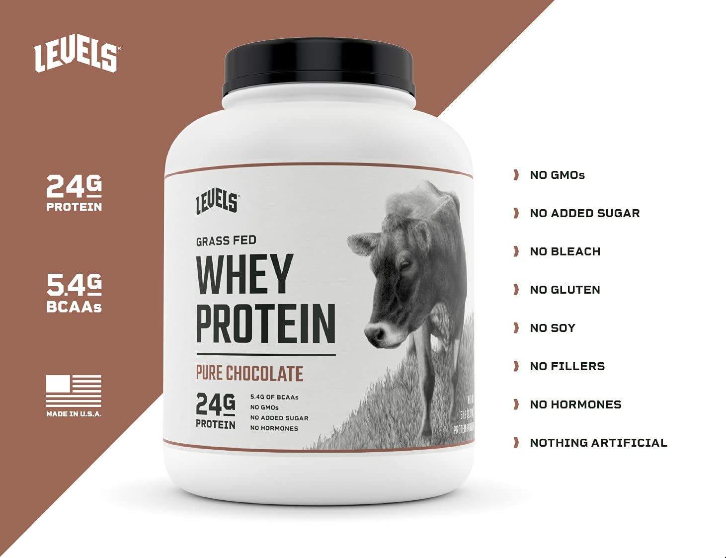 Levels Grass Fed 100% Whey Protein, No GMOs, Pure Chocolate, 5LB Pack of 2
