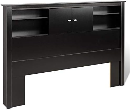 Pemberly Row Full Queen Wood Bookcase Headboard and Cabinet Storage in Black Finish