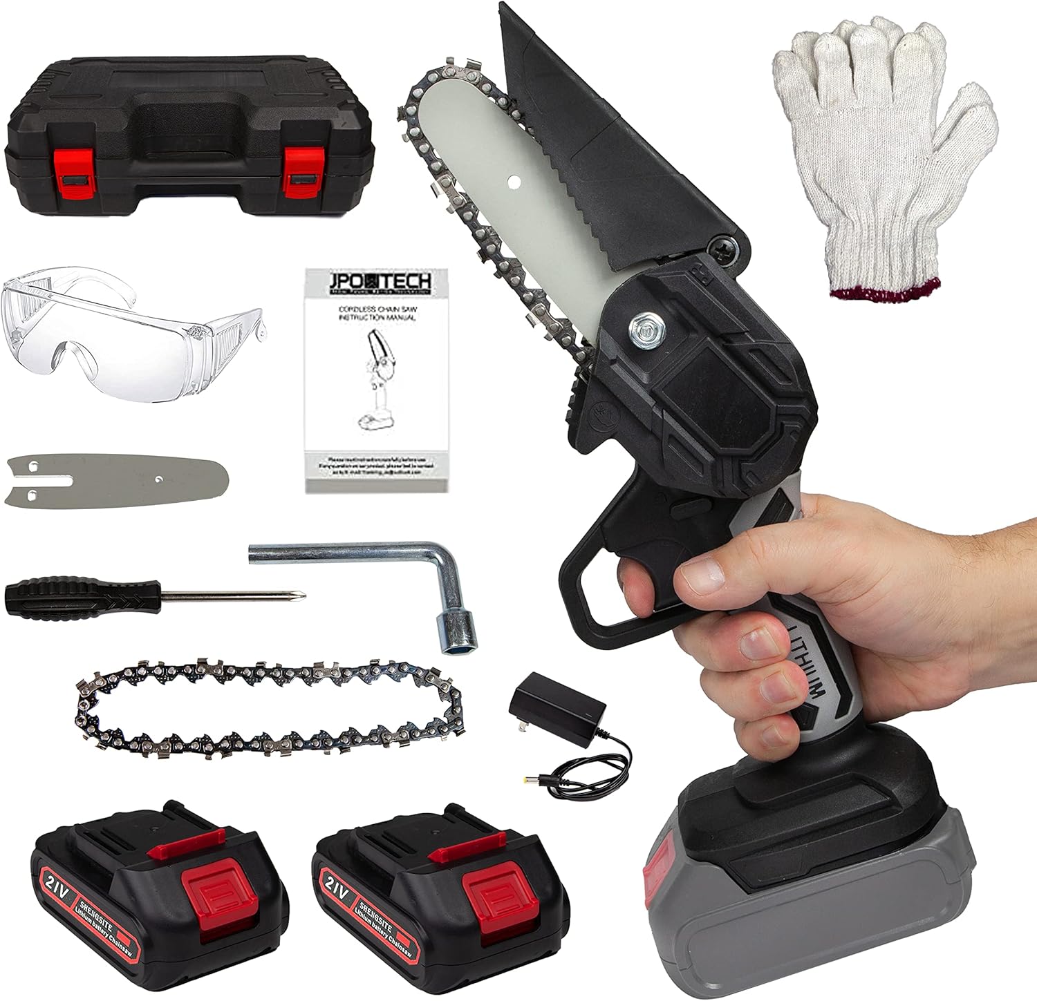 ZIBBA, 4 inch Cordless Mini Chainsaw with 2 Rechargeable 21 V batteries. Small, Portable One-Handed Battery Powered Chainsaw for Tree Branch Pruning, Gardening, and Wood Cutting. Pack of 2