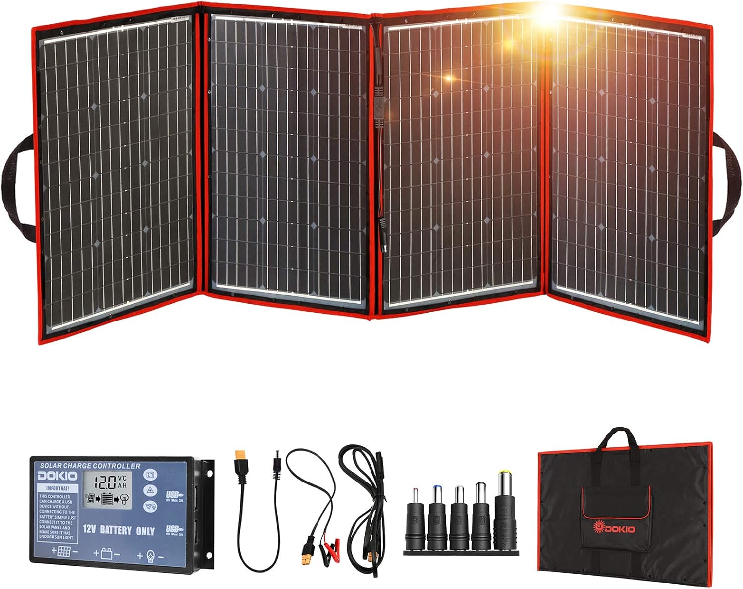 DOKIO 220w 18v Foldable Solar Panel Kit (Lightweight 9lb) Monocrystalline Solar Cell with Controller 2 USB Outputs to Charge 12 Volts Batteries /Power Station ( AGM Lifepo4 Jackery) RV Camping Marine