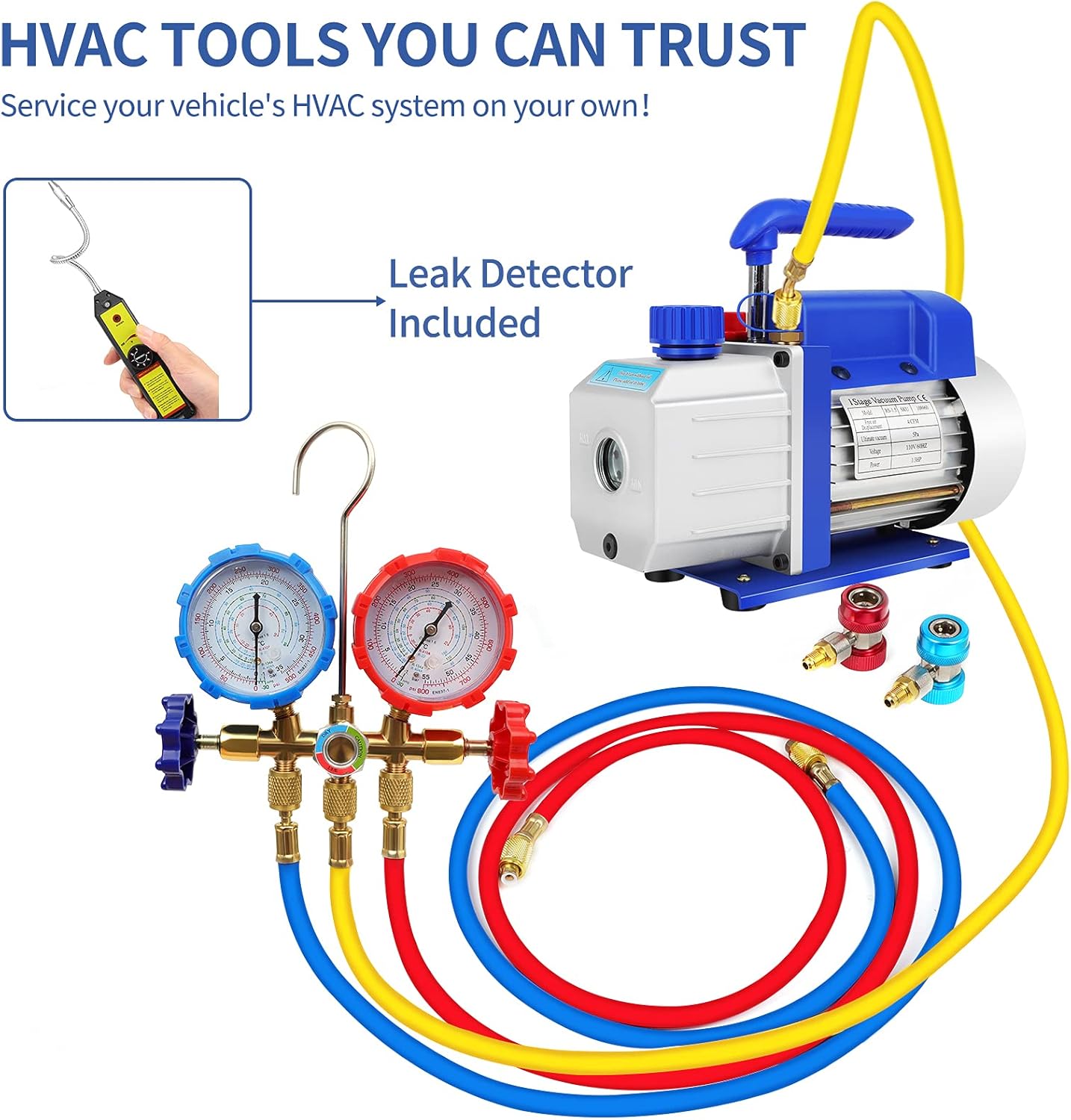 GYZJ Complete Refrigerant Repair Tool Kit,1/3 HP 4CFM HVAC Vacuum Pump,R134a AC Manifold Gauge Set with Hoses and Quick Couplers,Leak Detector for Air Conditioner