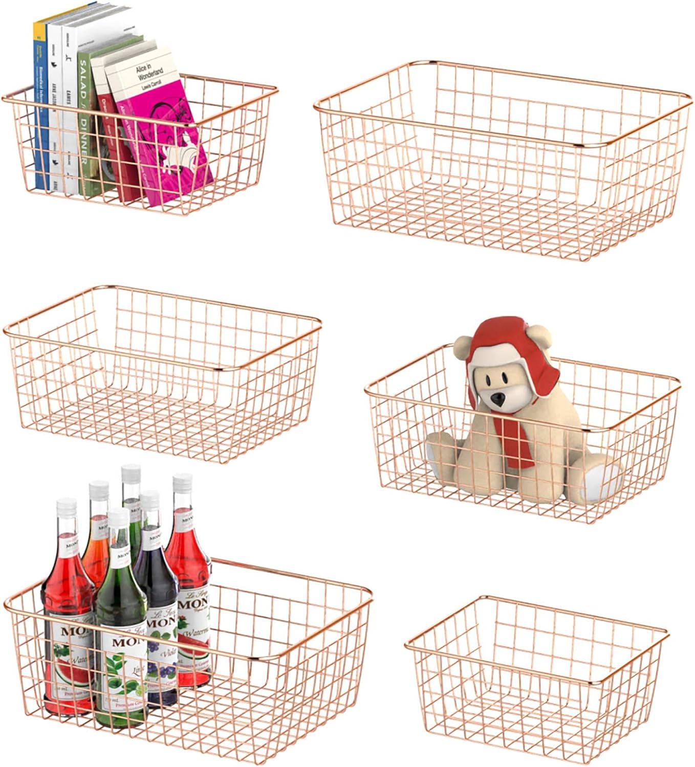 Wire Storage Basket, F-color 6 Pack Multi Size Metal Baskets for Storage Organizer for Pantry, Shelf, Freezer, Kitchen, Cabinet, Bathroom, Black Pack of 2