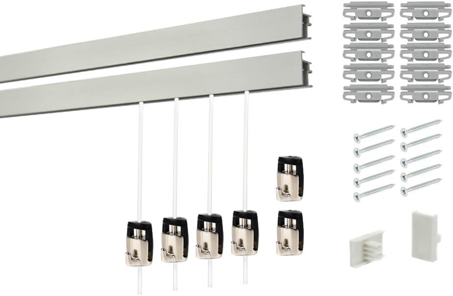 Shades Superior Design Clicktrack Heavy Duty Picture Hanging System Kit (4 Rails 8 Hooks and Clear Cords, White Rails)