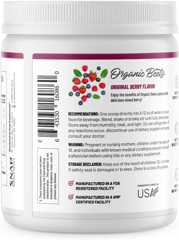 Beet Root Powder Organic - Nitric Oxide Beets by Snap Supplements - Supports Blood Pressure and Circulation Superfood, Muscle & Heart Health, Increase Stamina & Energy, 250g (30 Servings) Pack of 2