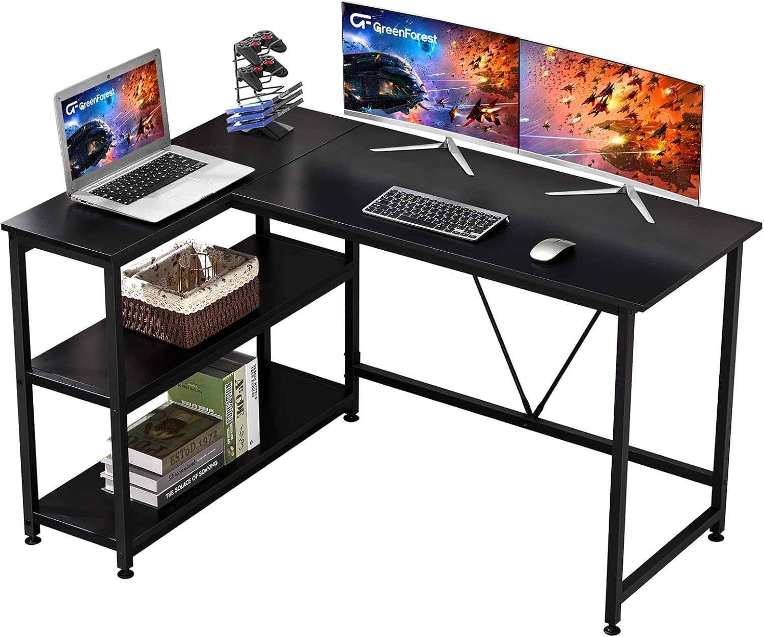 GreenForest L Shaped Desk 51x35.4 inch Corner Computer Desk with Reversible Storage Shelf Saving Space Gaming Desk Study Writing Table for Home Office Workstation Laptop Table, Rustic Brown and Black