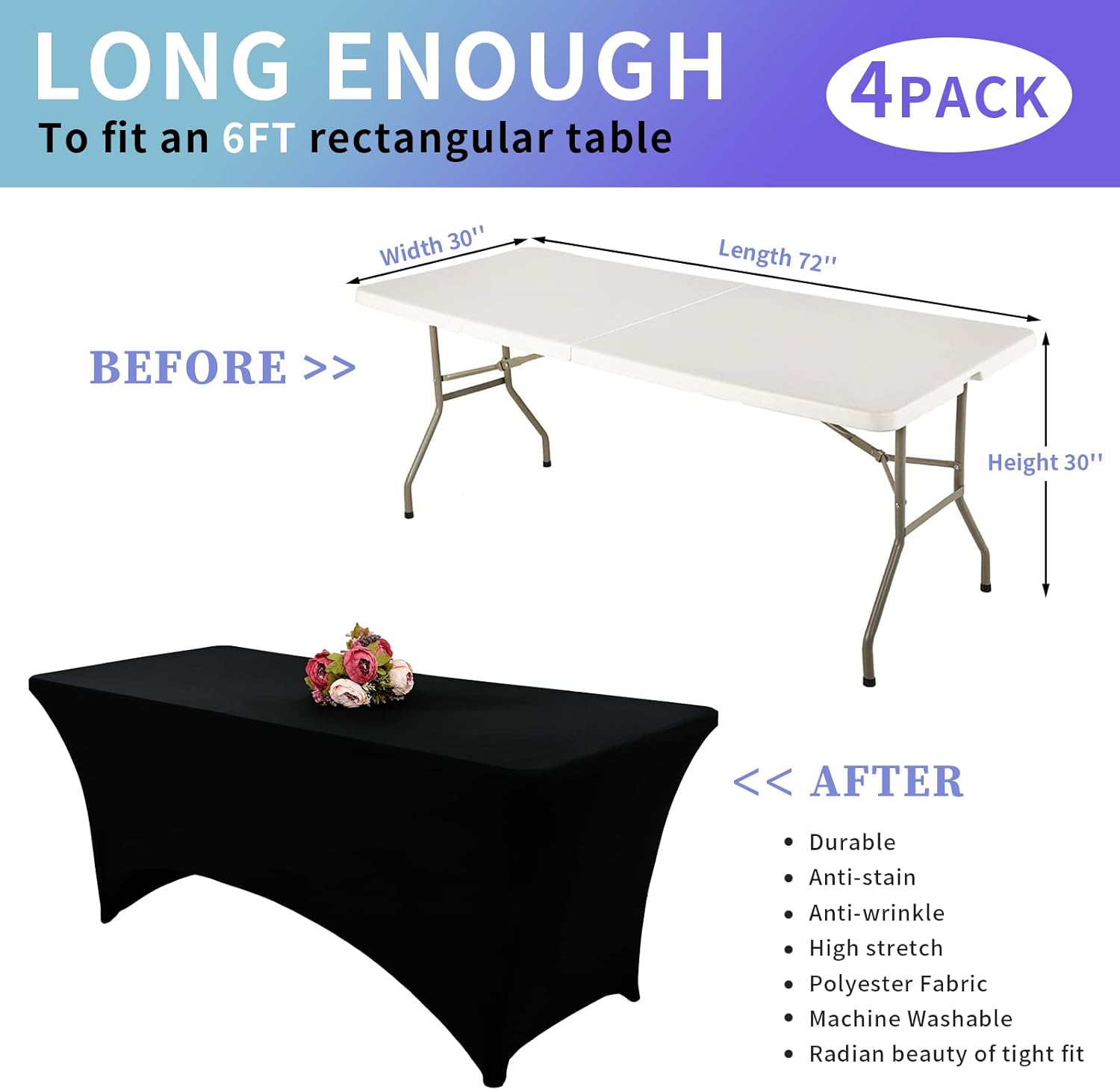 4 Pack Spandex Table Cover for 6ft Folding Tables Fitted Rectangular Tablecloth Stretch Table Cover Polyester Washable Tablecloth Protector for Wedding,Trade Shows,Banquet,Cocktail,Party (Black)