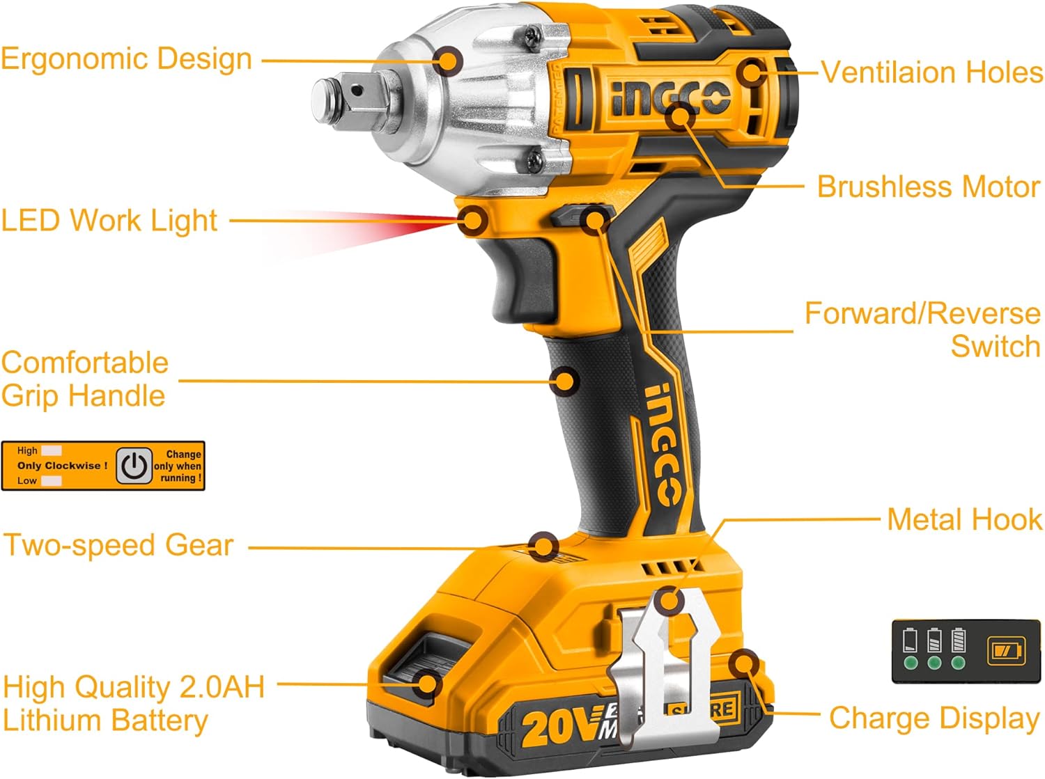 INGCO 20V Cordless Impact Wrench Set, Brushless 1/2 Inch Impact Wrench 300NM with 2 PCS Batteries 1 Hour Fast Charger 3pcs Sockets CIWLI2001A