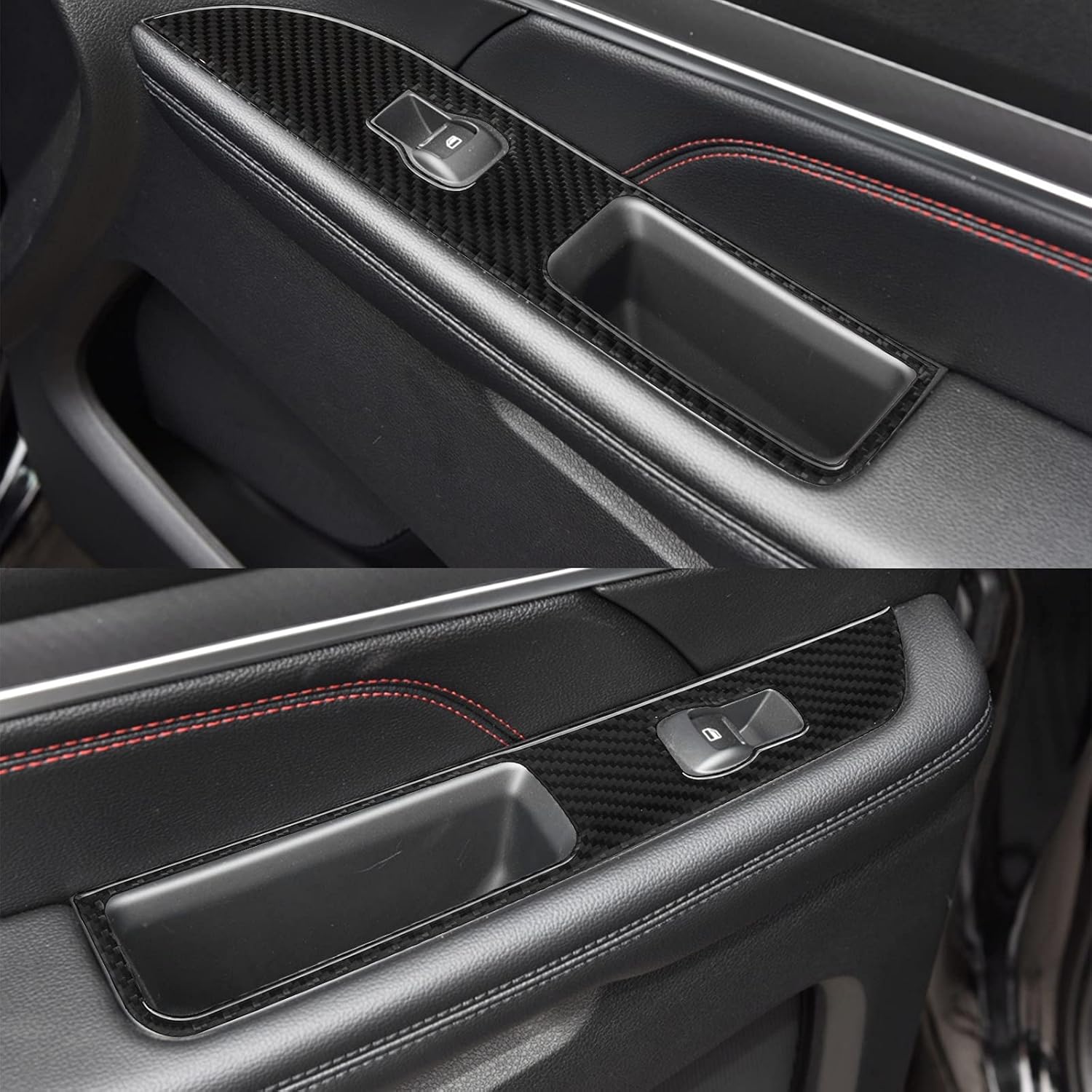 SUNJIKA Compatible with 4pcs Carbon Fiber Window Rasing Lift Switch Control Panel Cover Trim Sticker Interior Accessories for Ford Explorer 2014 2015 2016 2017 2018 2019 (Black)