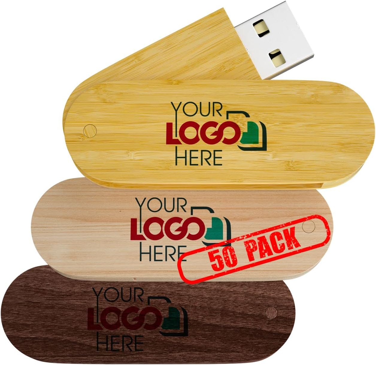 Possibox Custom Swivel Wooden USB 2.0 Flash Drive 128MB Imprinted or Engraved with Your Logo - Bulk Wholesale Promotional - 50 Pack