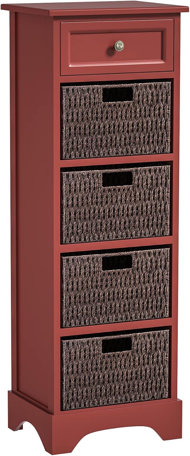 Farmhouse Accent Cabinet Console Table with 1 Drawer and 4 Removable Baskets for Storage, for Kitchen Dining Entrance Bedroom-Red