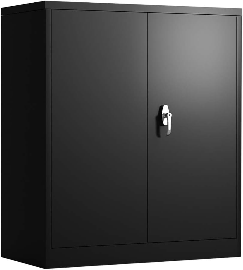 Full Metal Storage Cabinet with 2 Adjustable Shelves, Large Capacity Cabinet Organizers for Home Office, Utility Cabinet with 2 Doors and Lock, H42 x W36 x D18, Black