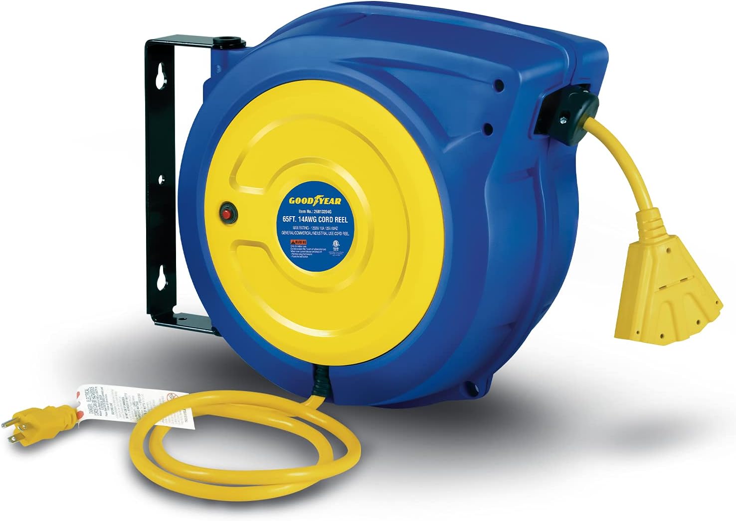 Goodyear Extension Cord Reel Retractable 14AWG x 65' Foot 3C/SJTOW Commercial Cable Triple Tap Connector Power 10A 125VAC 1250W