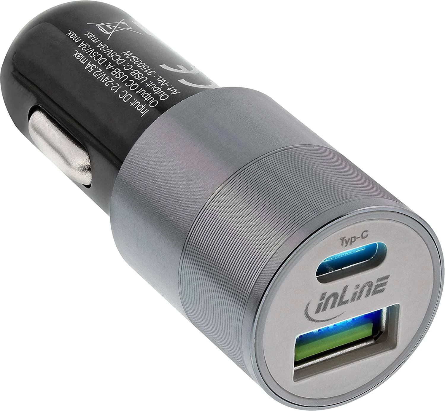 Inline 31502S USB Car Charger Power Adaptor Quick Charge 3.0 12/24VDC to 5V DC/3A USB-A + USB Type-C Black