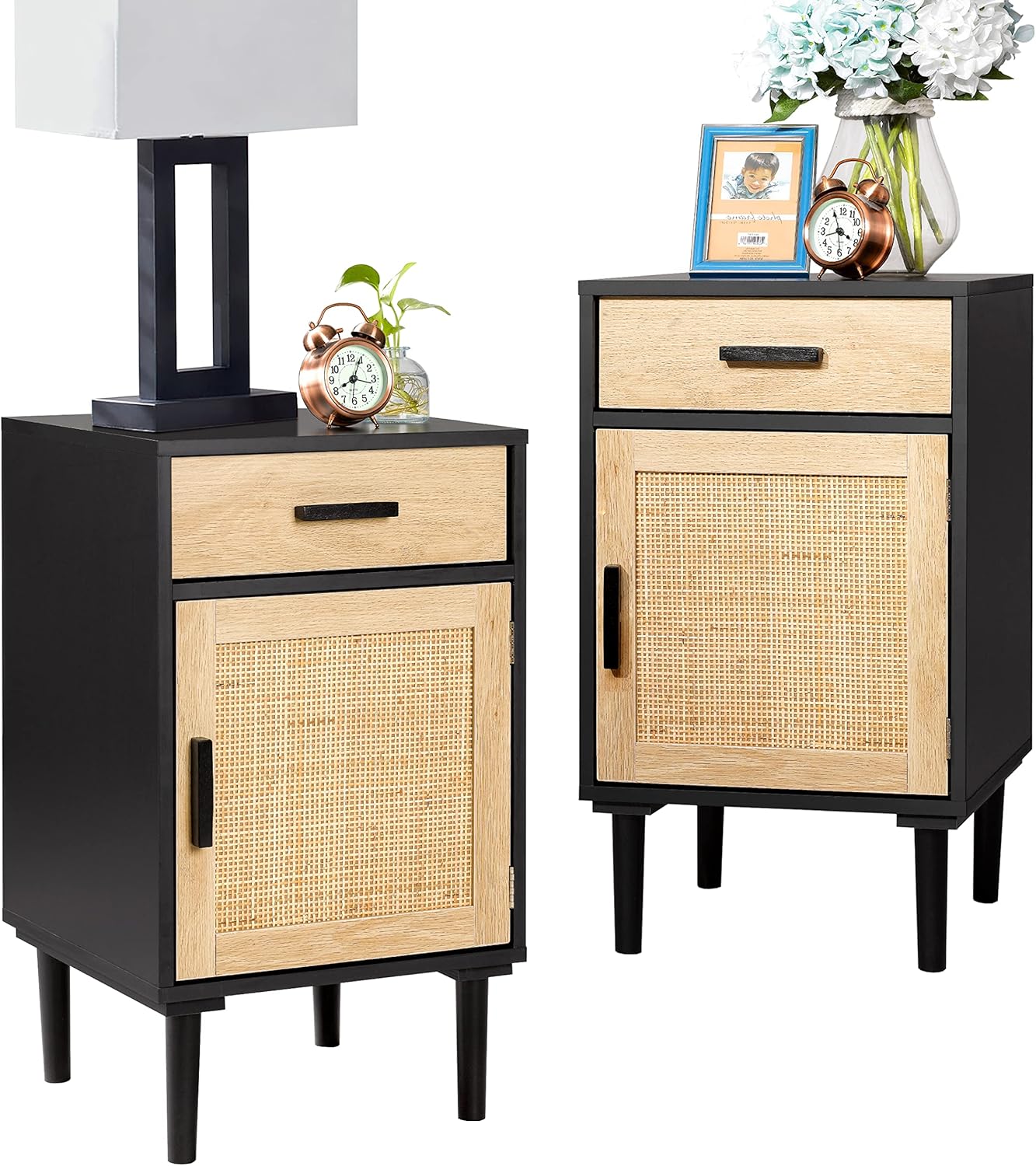 Finnhomy Tall Nightstand, End Table, Side Table with Drawer and Shelf, Hand Made Rattan Decorated Doors, Wood Accent Table with Storage for Bedroom, Black