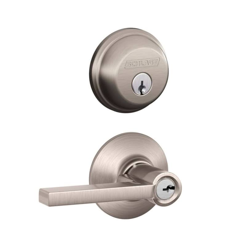 Schlage FB50-LAT Latitude Single Cylinder Keyed Entry Door Lever Set and Deadbolt Combo Satin Nickel Leverset Combo Pack Keyed E