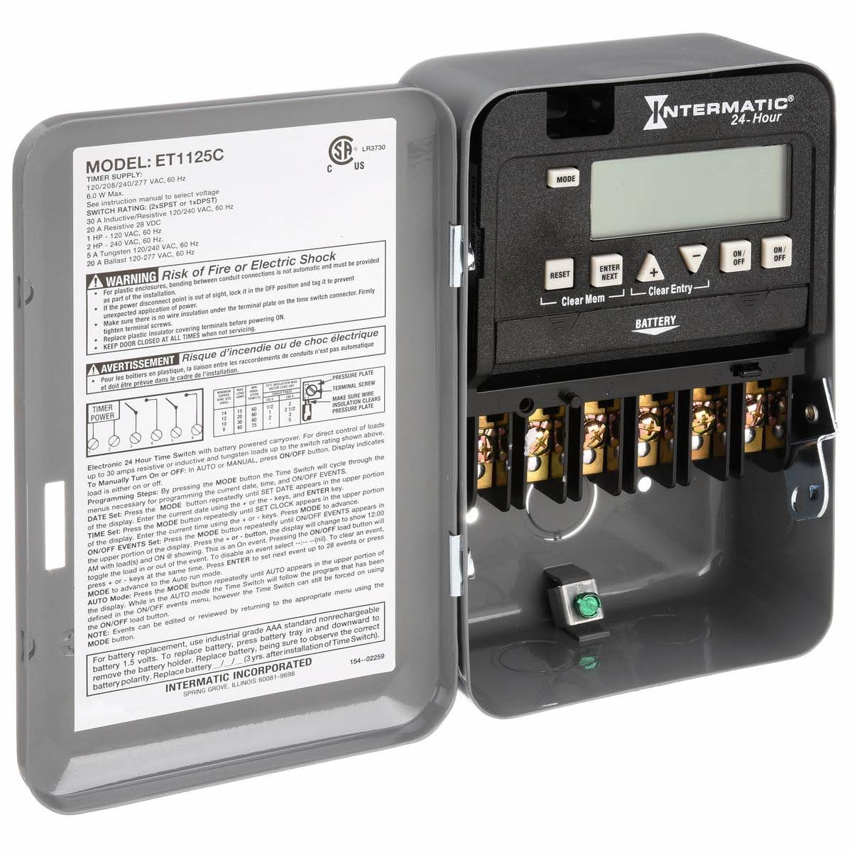 Intermatic Electronic Timer, 24 HR, Number of Channels 2, Spst, 120/208 to 240/277V AC Voltage ET1125C