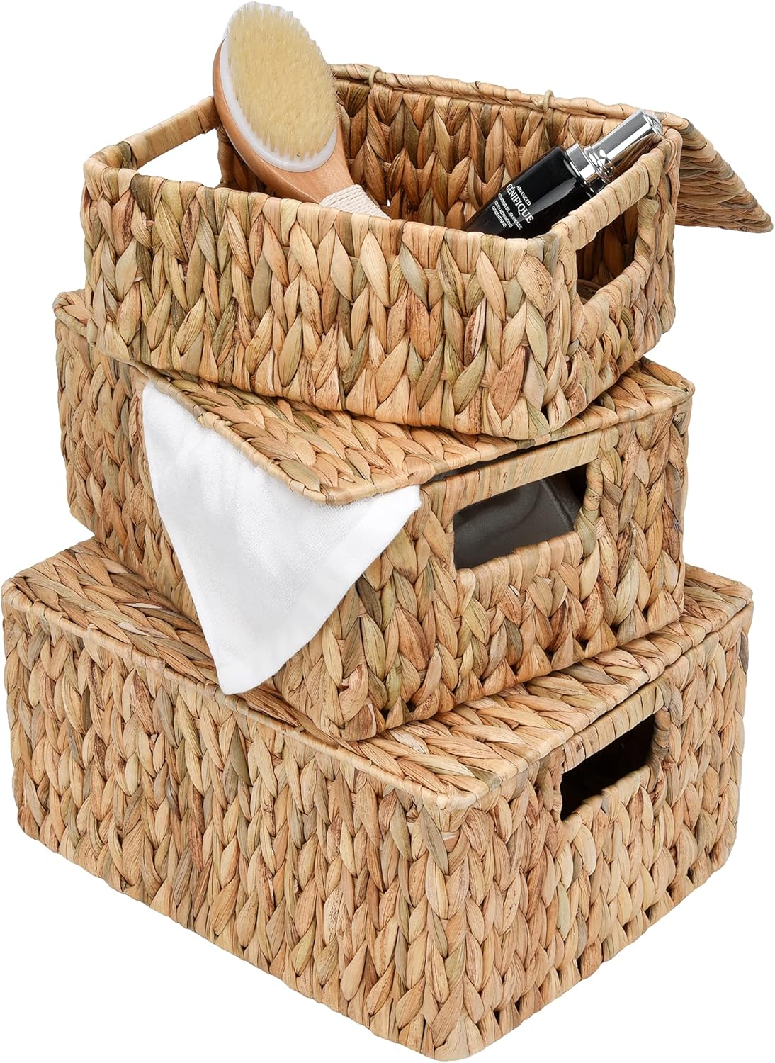StorageWorks Rectangular Wicker Baskets for Organizing, Water Hyacinth Storage Baskets with Lids and Built-in Handles, Set of 3 (Large & Medium & Small) Pack of 2