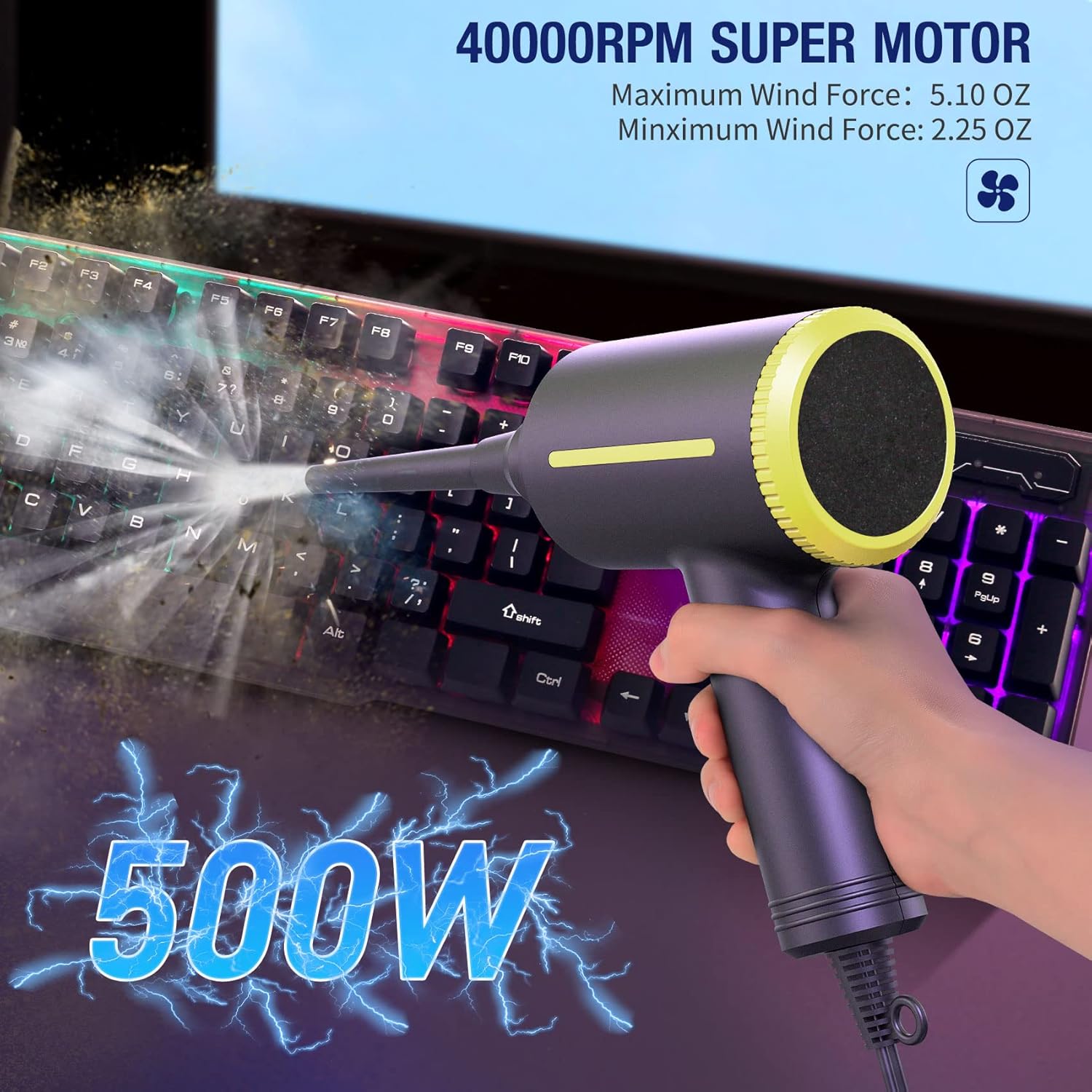 KOONIE Compressed Air Duster, 40000RPM Powerful Electric Can of Air, Multi-Use Air Blower Cleaner for Keyboard, Computer, Laptop, Sofa, Reusable Dust Destroyer Replaces Compressed Air Cans