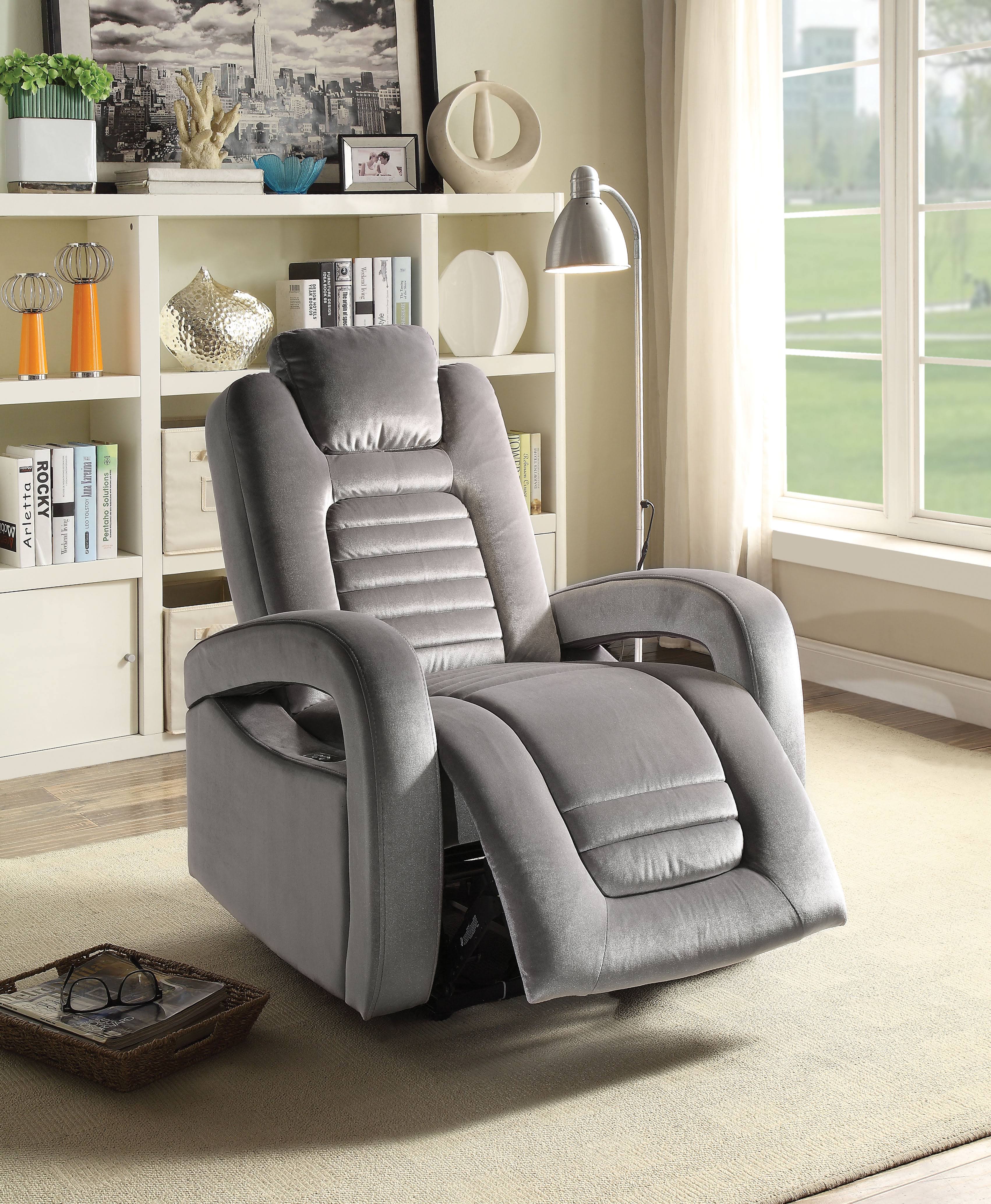 Acme Benjamin Recliner (Power Motion - USB) Silver Velvet