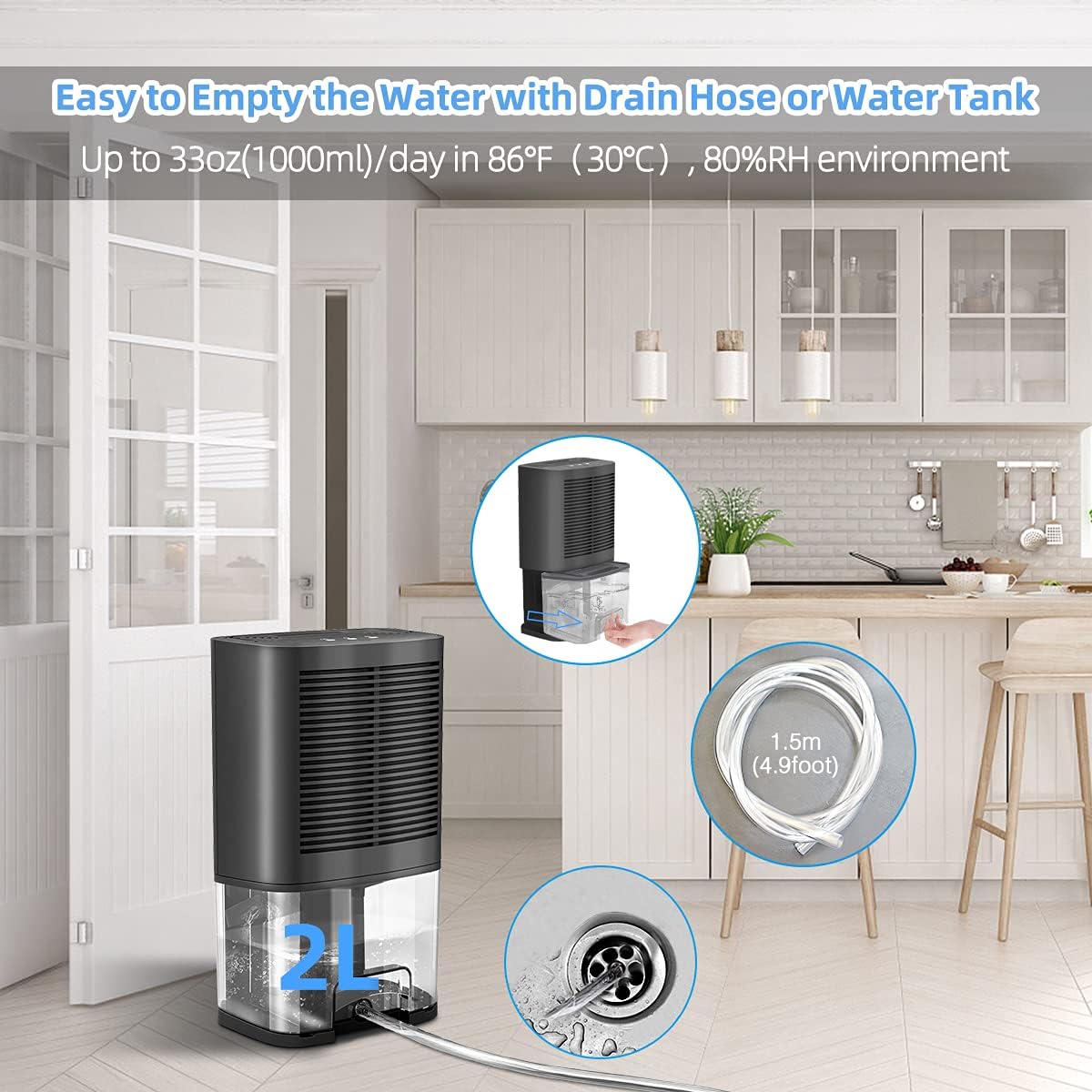 Dehumidifiers for Home with Drain Hose - Donatello Portable Smart Dehumidifiers 350 sq ft, Ultra Quiet Compact Dehumidifier for Bedroom Bathroom RV Garage Closet Basements Small Room Camper (2000ml)