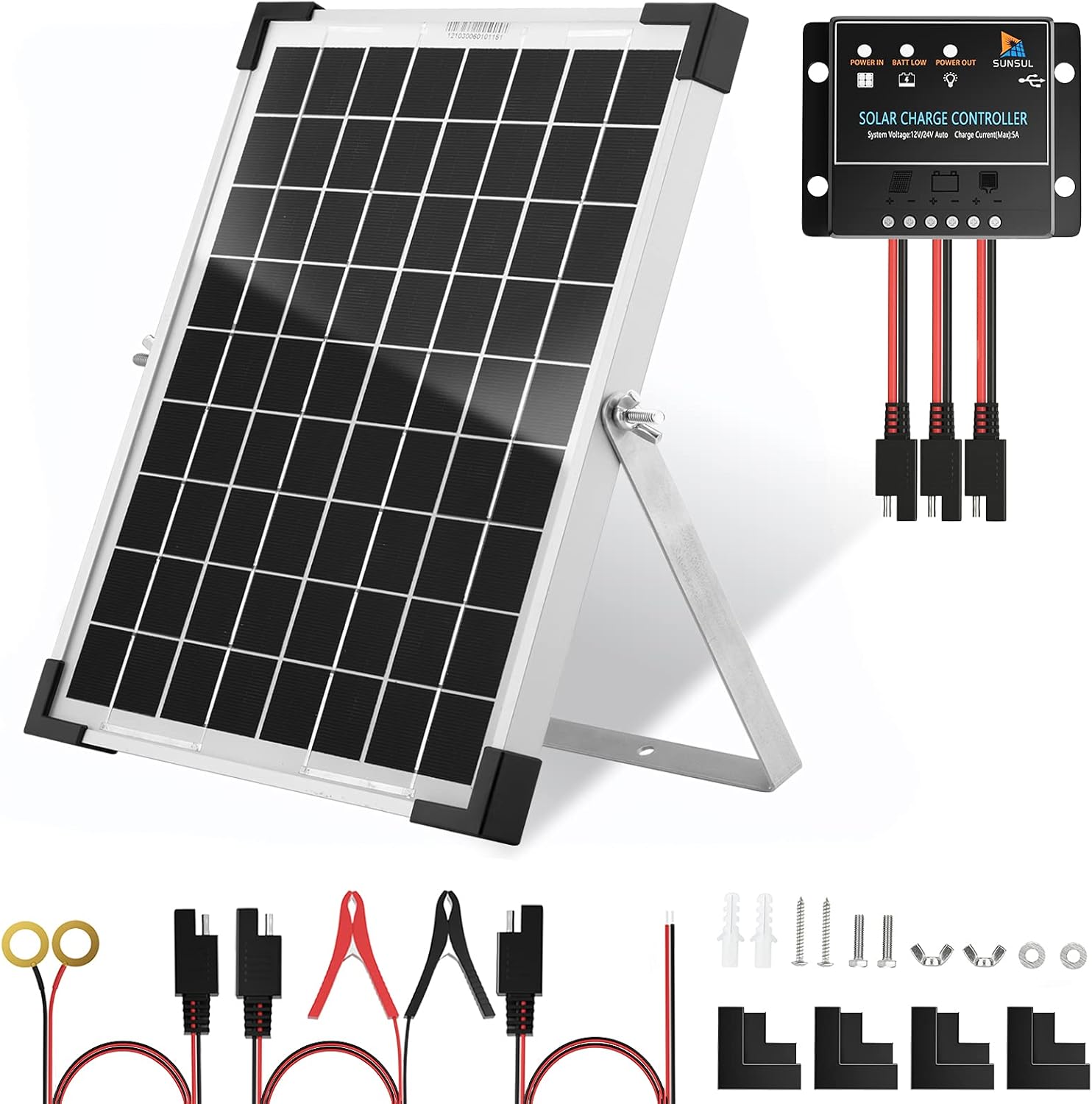 SUNSUL 10 Watt 12V Solar Panel Kit Battery Maintainer Trickle Charger, with Waterproof 5A 12V/24V PWM Solar Charge Controller and Adjustable Solar Panels Mount Rack Bracket (10 Watt with Accessories)