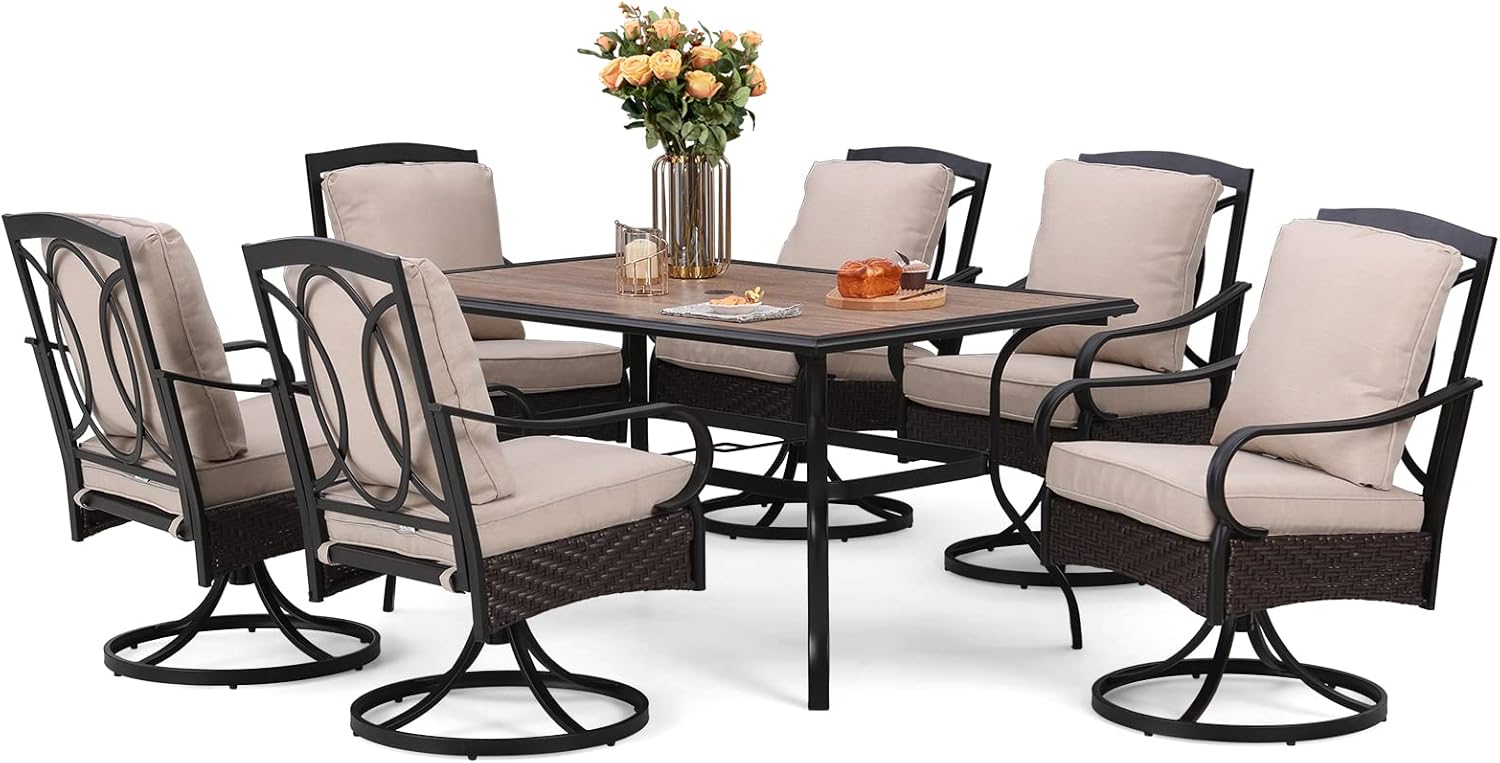Sophia & William Patio Dining Set 7 Piece Outdoor Table Furniture Set - 6 Padded Swivel Dining Chairs and 1 Rectangular Metal Table with Umbrella Hole & Wood-Like Top for Garden Deck Backyard