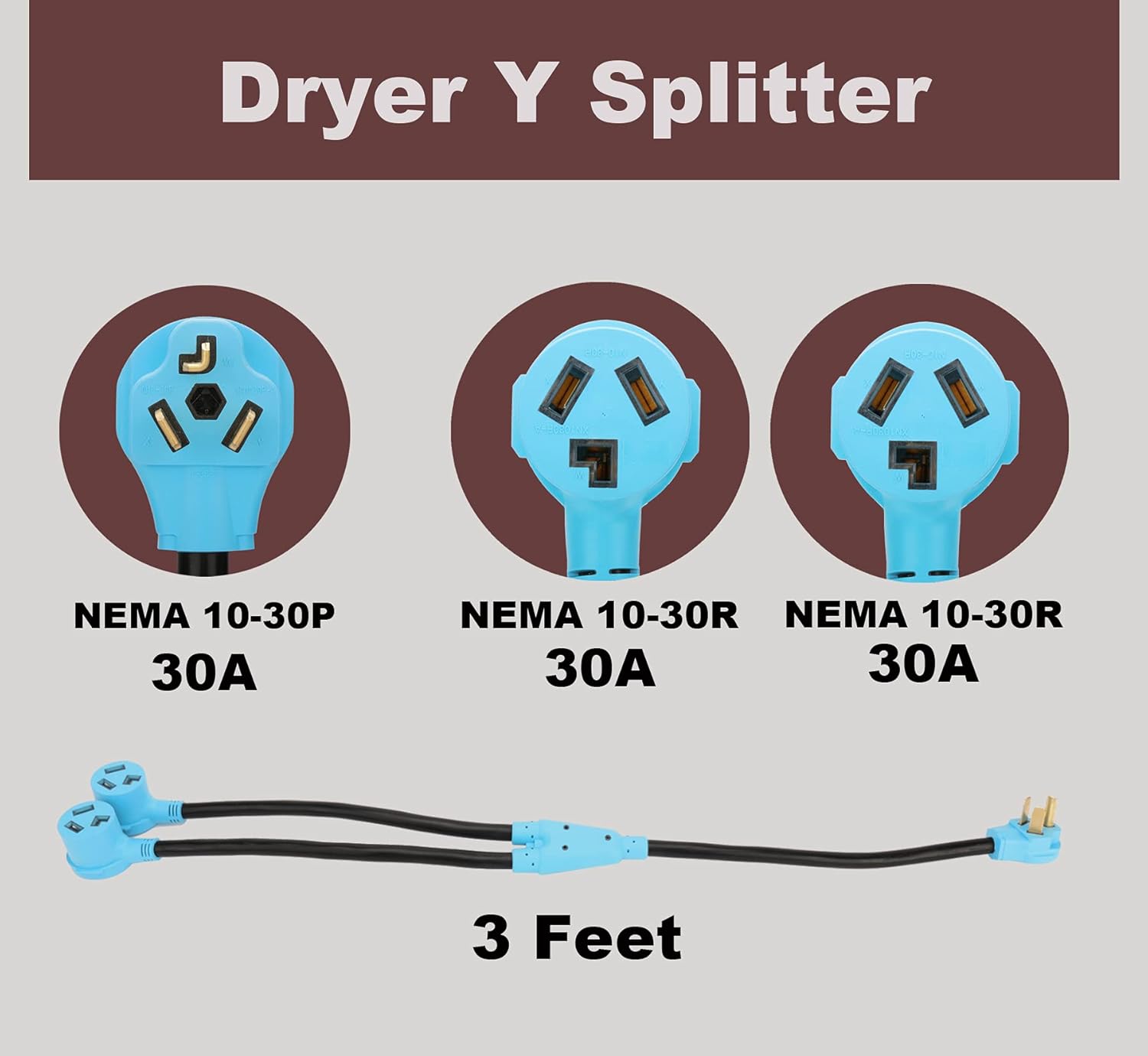 CircleCord 3 Prong Dryer Y Splitter 3 FT, NEMA10-30P Male to Two NEMA 10-30R Female, 30 Amp 250 Volt 7500W STW 10 AWG Dryer Y Adapter Cord, for Dryer Outlet And Level 2 EV Charging, UL Listed Pack of 2