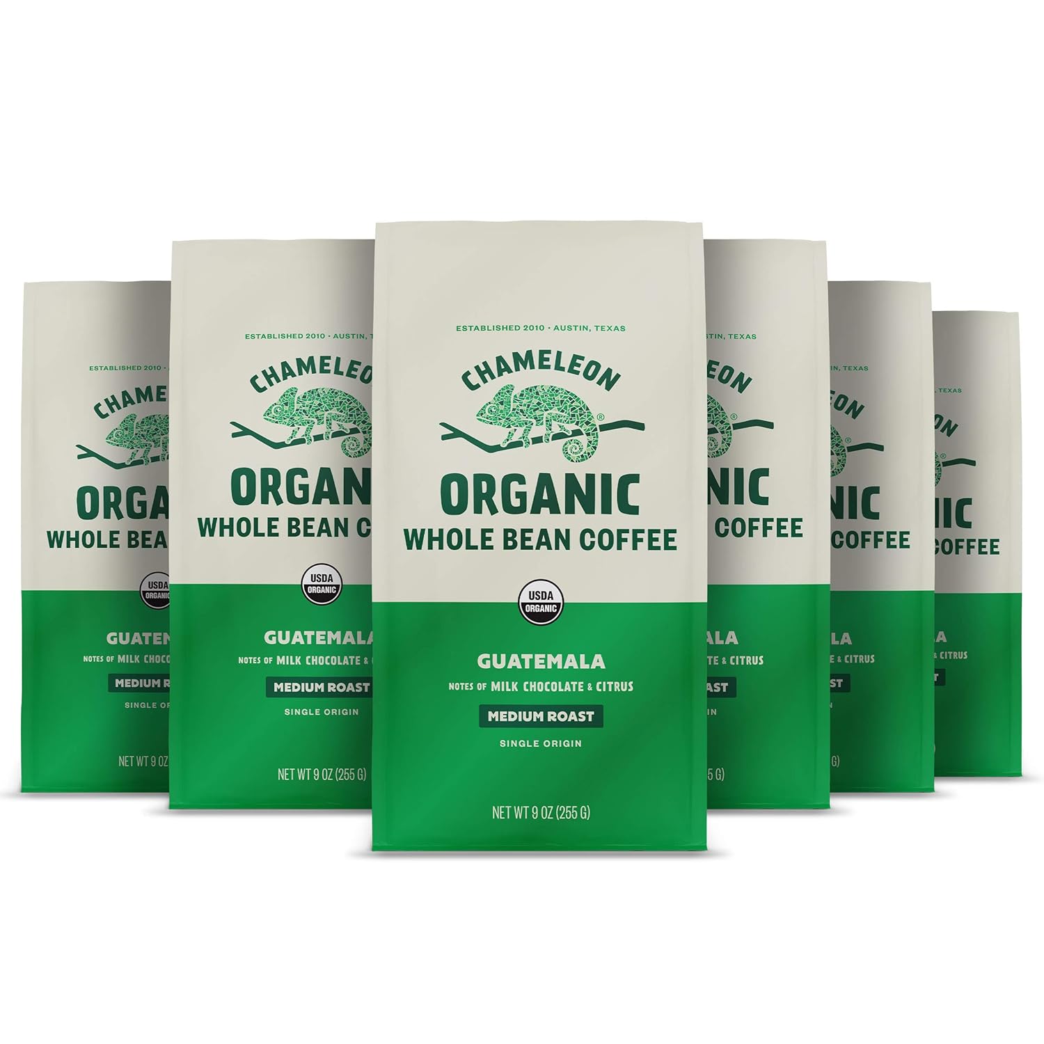 Chameleon Organic Whole Bean Coffee, Medium Roast Guatemala, 100% Arabica, Milk Chocolate and Citrus, 9 Oz , Pack of 6 Pack of 2