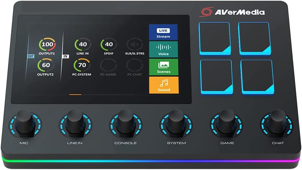 AVerMedia Live Streamer AX310 - Live Production Controller and 6 Track Audio Mixer with IPS Touch Screen, Trigger Actions on OBS, Streamlabs, Spotify