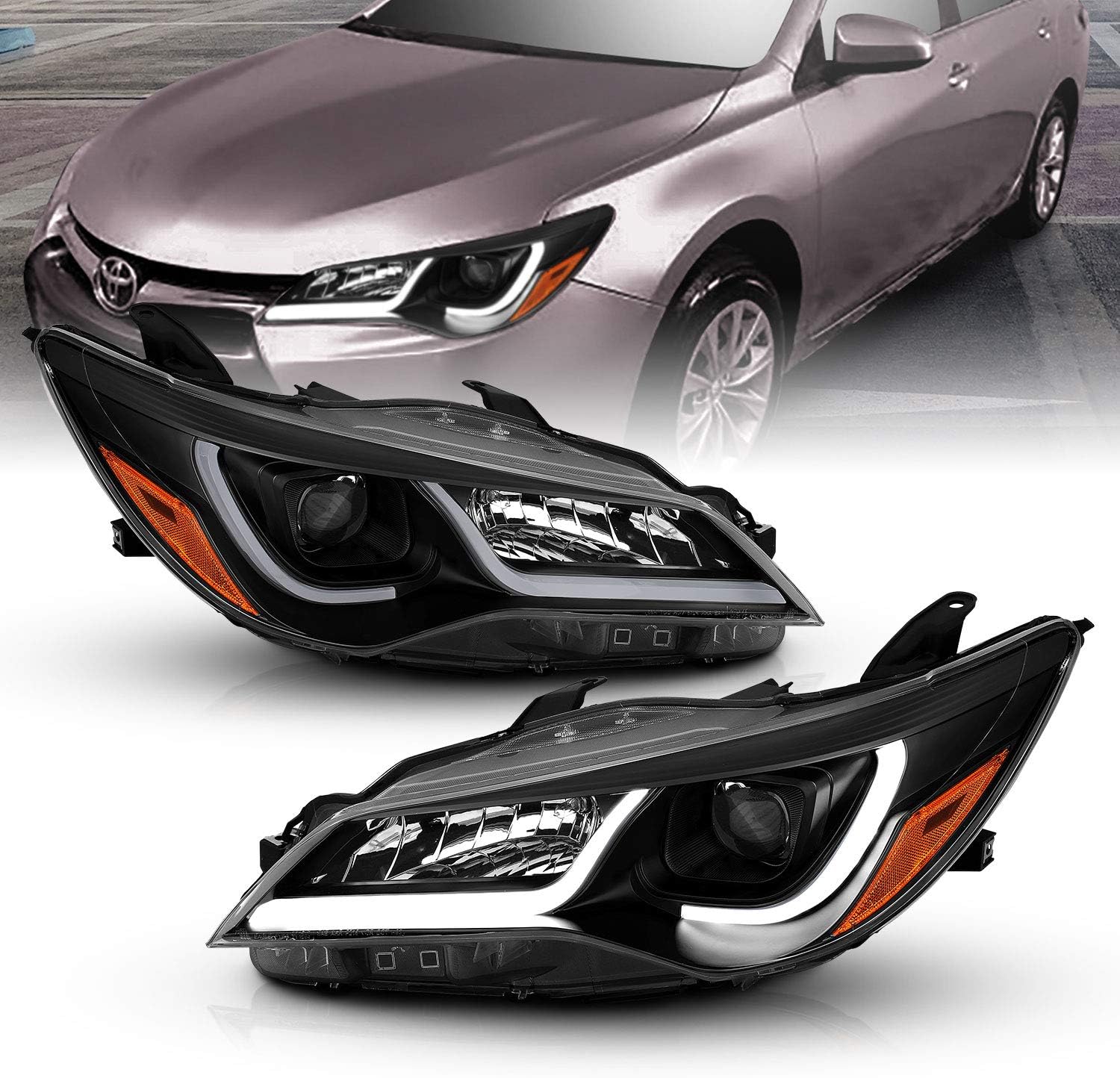 AmeriLite for 2015-2017 Toyota Camry Black w/ Glow LED Tube Projector Headlights Assembly Pair - Passenger and Driver Side
