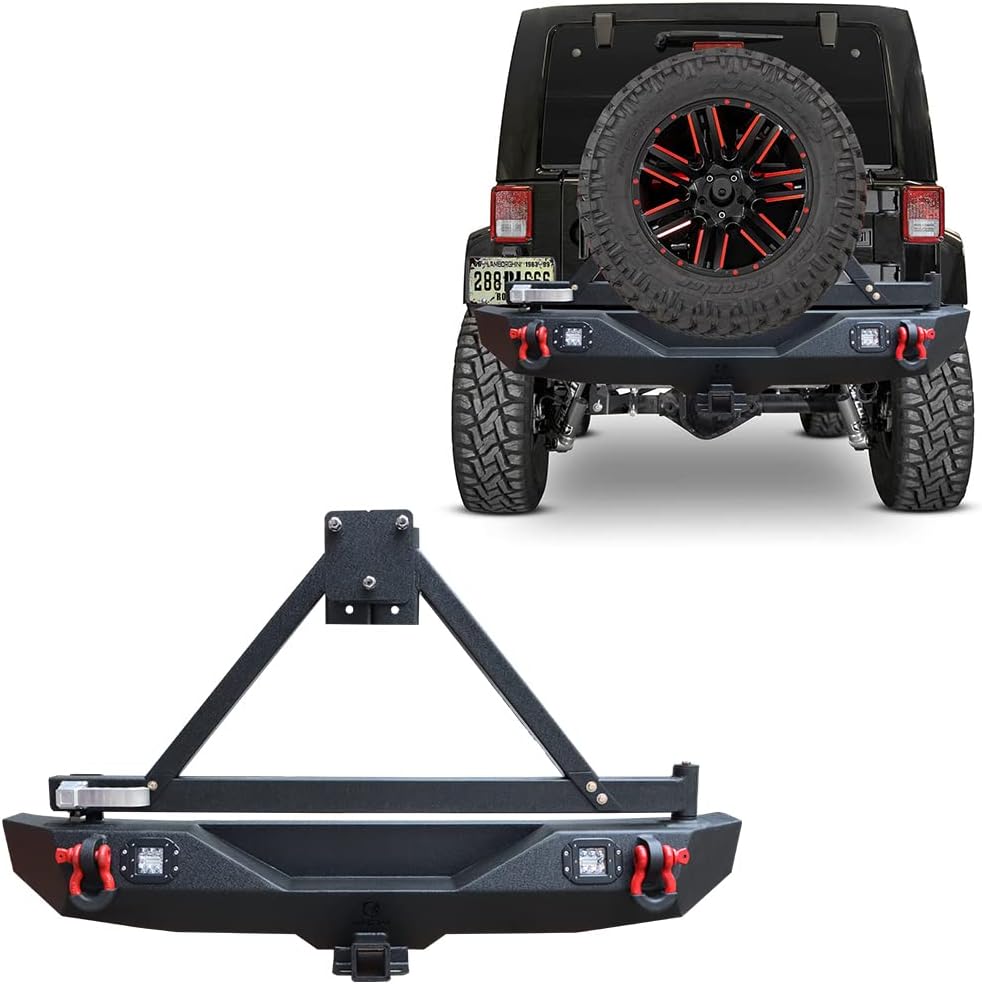 Ronghui JK Rear Bumper Texture Black with Spare Tire Frame and LED Aluminum Lights and D-Rings for 2007-2017 Wrangler JK JKU