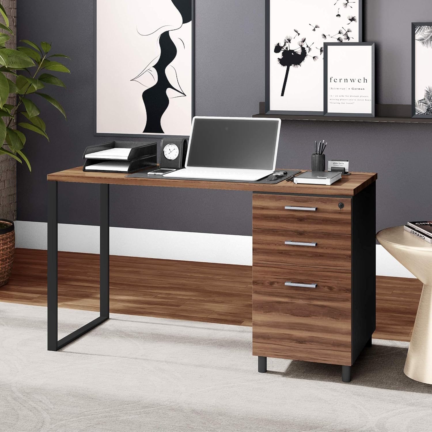 Milano 47 Inch Home & Office Computer Desk with 3 Detachable Locked Drawers - Cass Walnut/Black