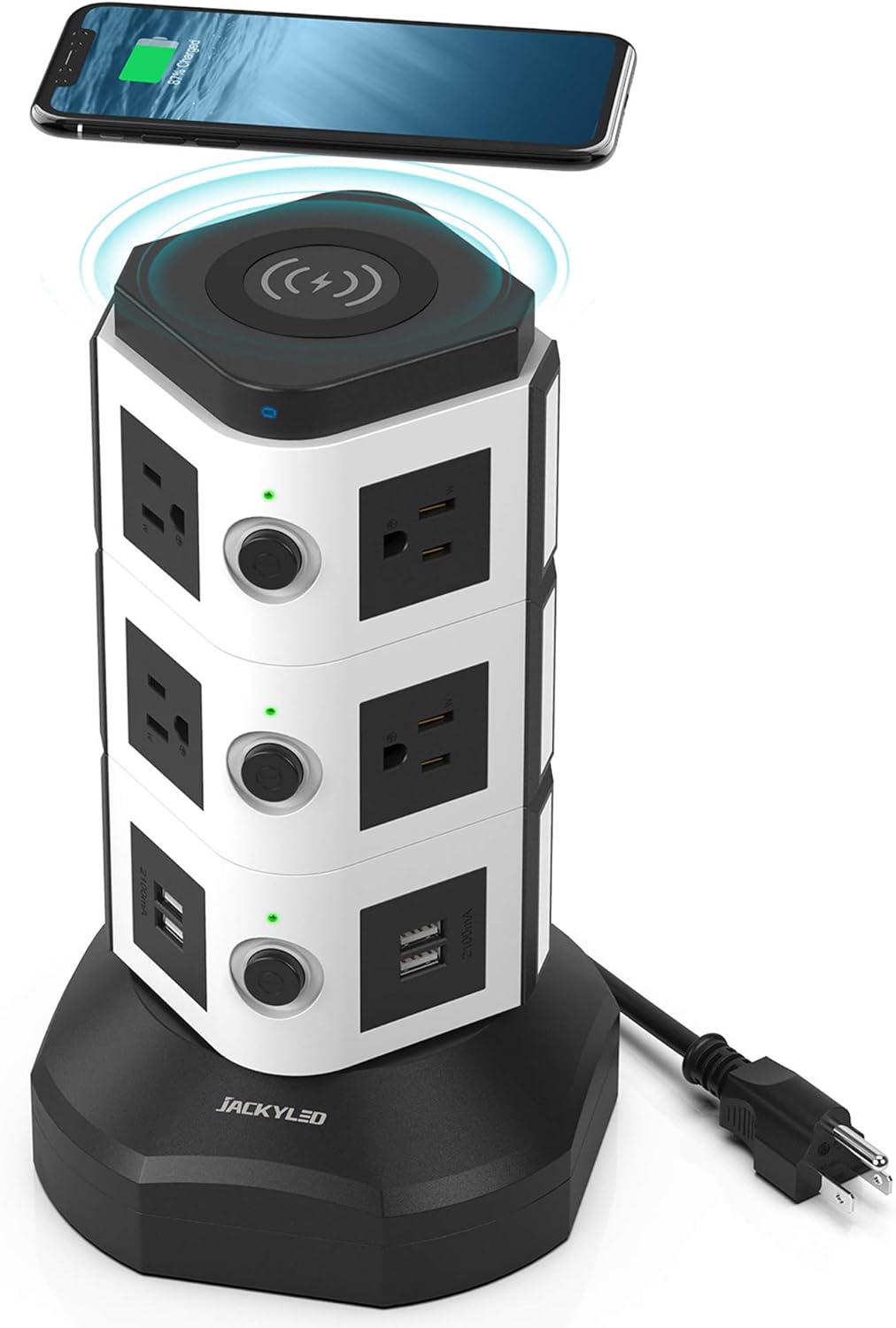 Power Strip Tower with Wireless Charger JACKYLED Surge Protector Electric Outlet 13A 10 AC Outlets and 4 USB Ports 6.5ft Extension Cord for Office Home Desktop Computer White and Black Pack of 2