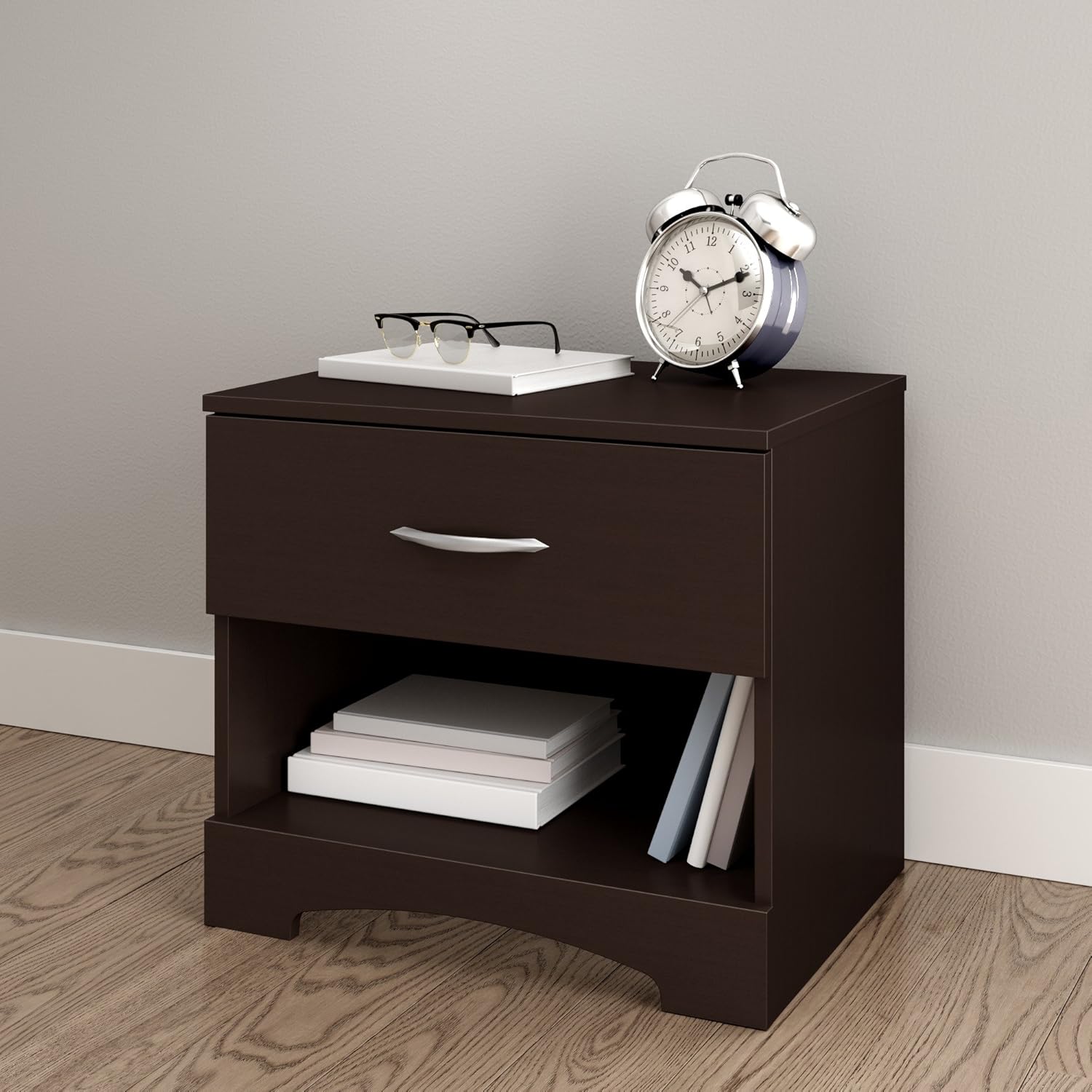 South Shore Step One 1-Drawer Nightstand, Pure Black with Matte Nickel Handles