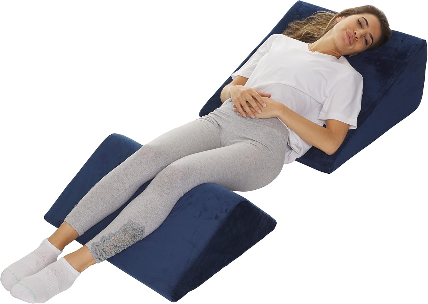 Bed Wedge Pillow &ndash; 2 Separate Memory Foam Incline Cushions, System for Legs, Knees and Back Support Pillow | Acid Reflux, Anti Snoring, Heartburn, Reading &ndash; Machine Washable, Navy