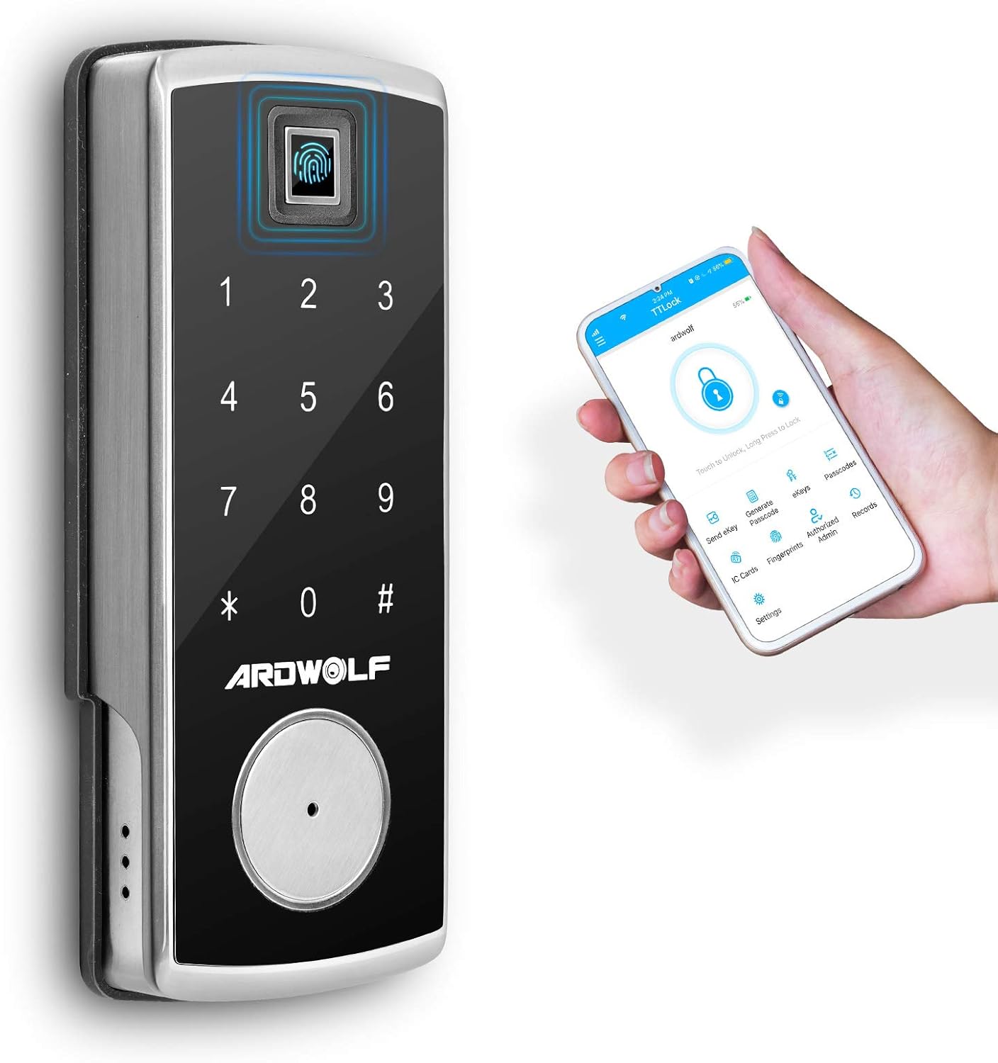 Ardwolf A70 Bluetooth Smart Deadbolt Door Lock, Keyless Entry Phone Control Fingerprint Door-Lock with Keys Keypad Auto-Lock for Home Bedroom Hotel Airbnb, Black