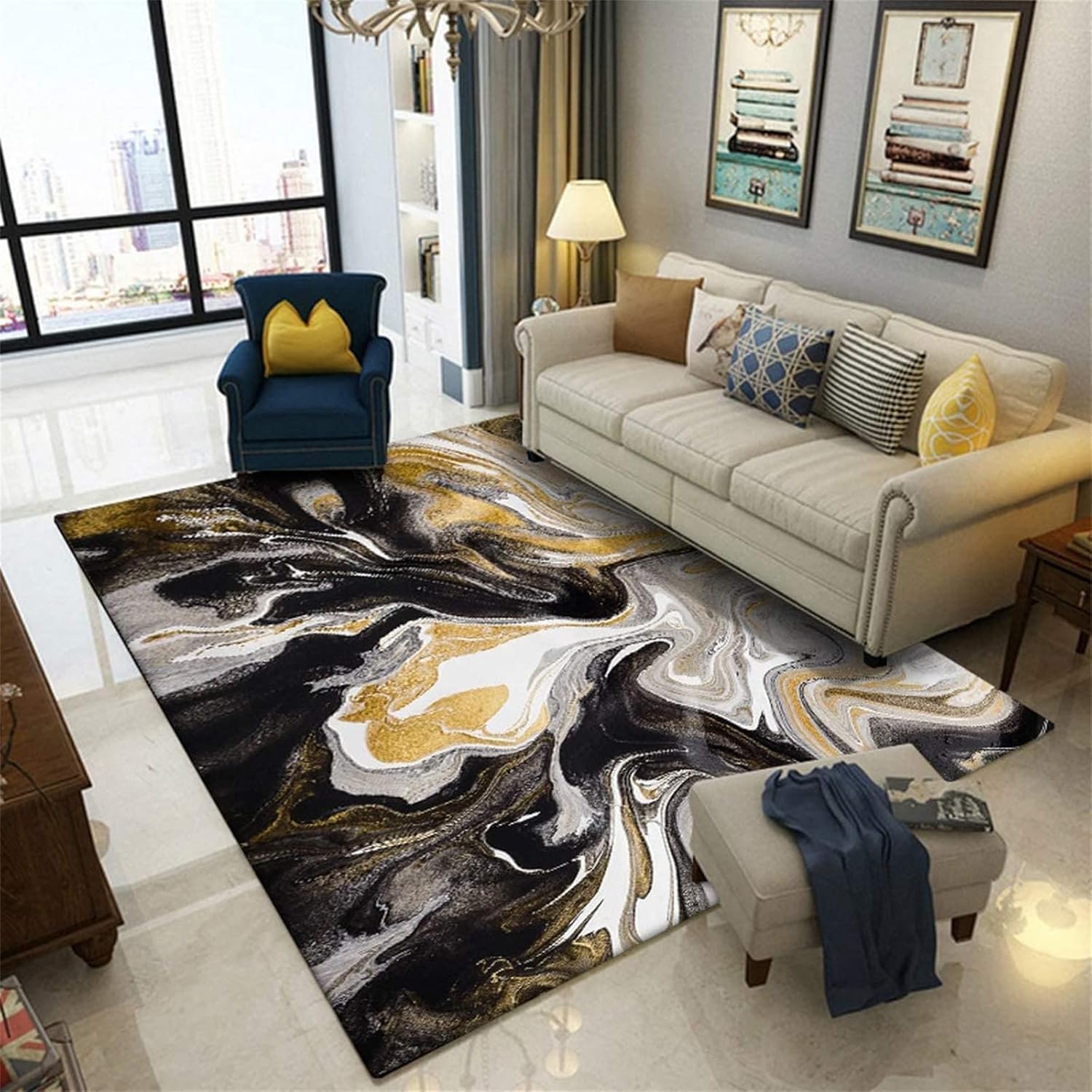 Modern Abstract Area Carpet6x8feet Abstract Printing Fluffy Living Room Carpet Black Gold Magic Room Decoration Bedroom Kitchen Living Room Home Decoration Floor Mat