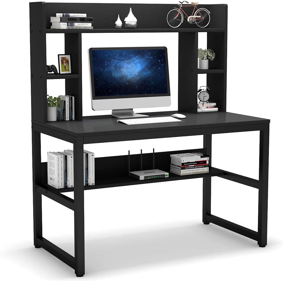 Computer Desk with Hutch, 47 Inch Modern Writing Desk with Storage Shelves, Office Desk Study Table Gaming Desk Workstation for Home Office, Vintage + Black Legs