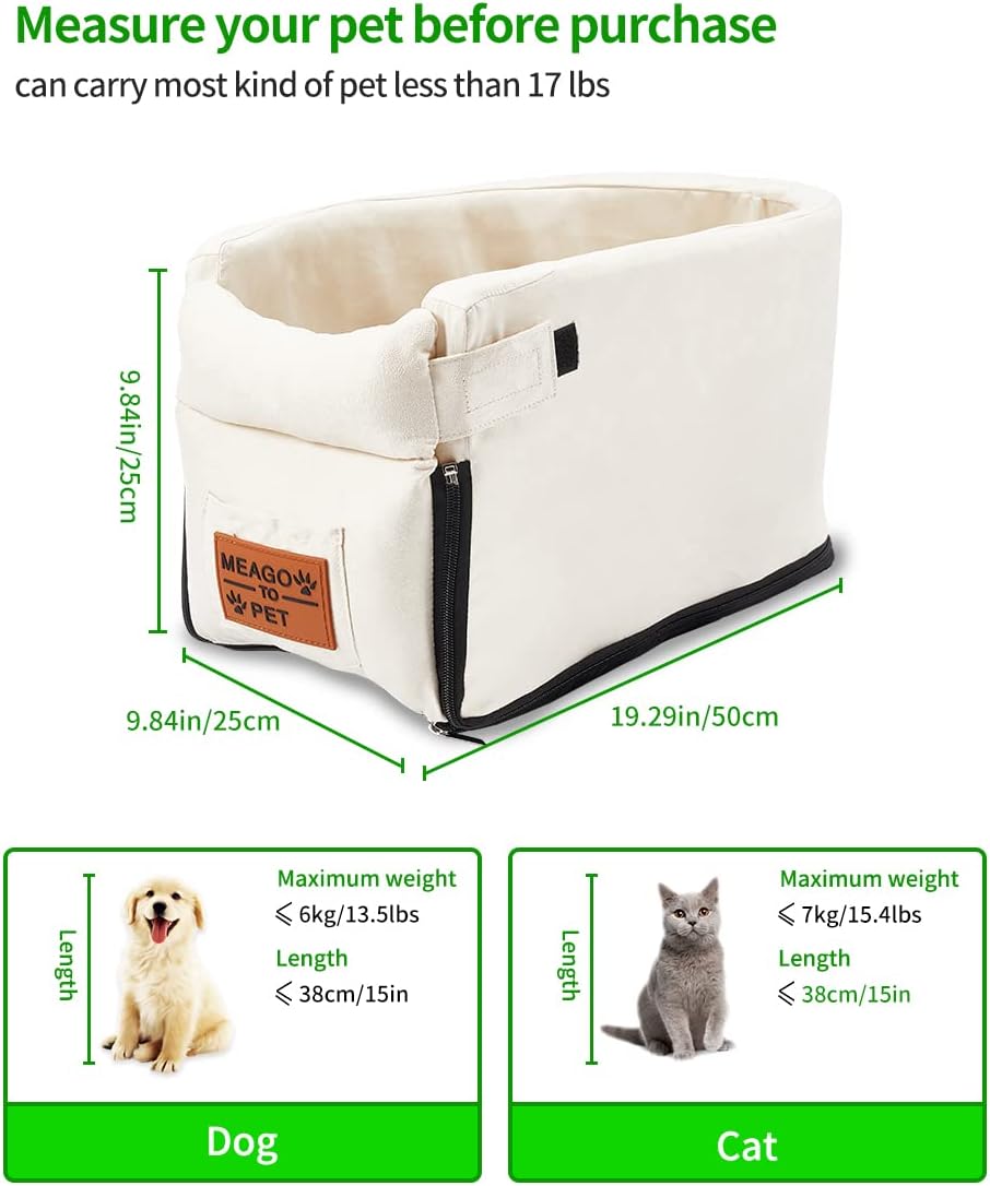 Meago Armrest Booster seat for Dog, Interactive Pet Seat Car Safety Tethers Console Travel Carrier with Removable Bed for Cat Small Dog (Beige), PH-01