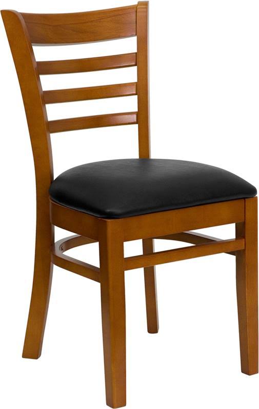 Series Ladder Back Cherry Wood Restaurant Chair - Black Vinyl Seat