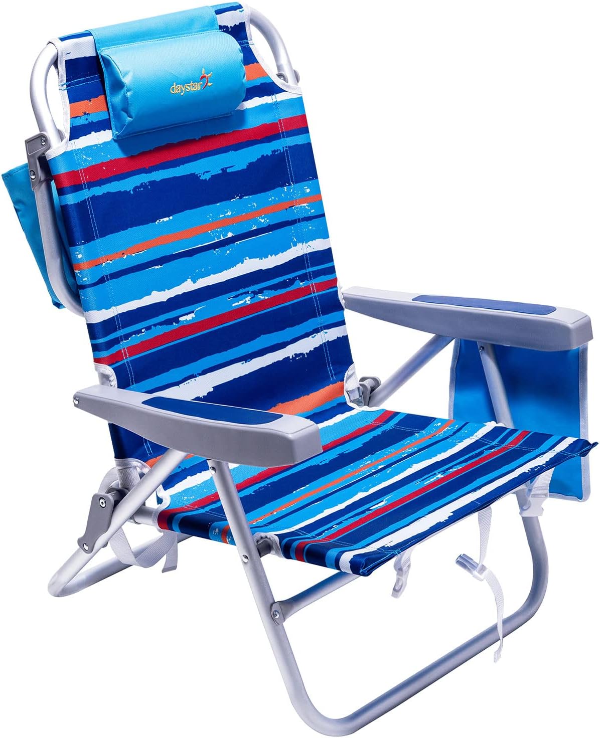 SunnyFeel Folding Backpack Beach Chair, Low Beach Chair 5 Position Lay Flat Reclining with Cup Holder,Pillow,Cooler Bag for Sand/Outdoor/Lawn, Portable Camping Chairs for Adults Heavy Duty (Strip)