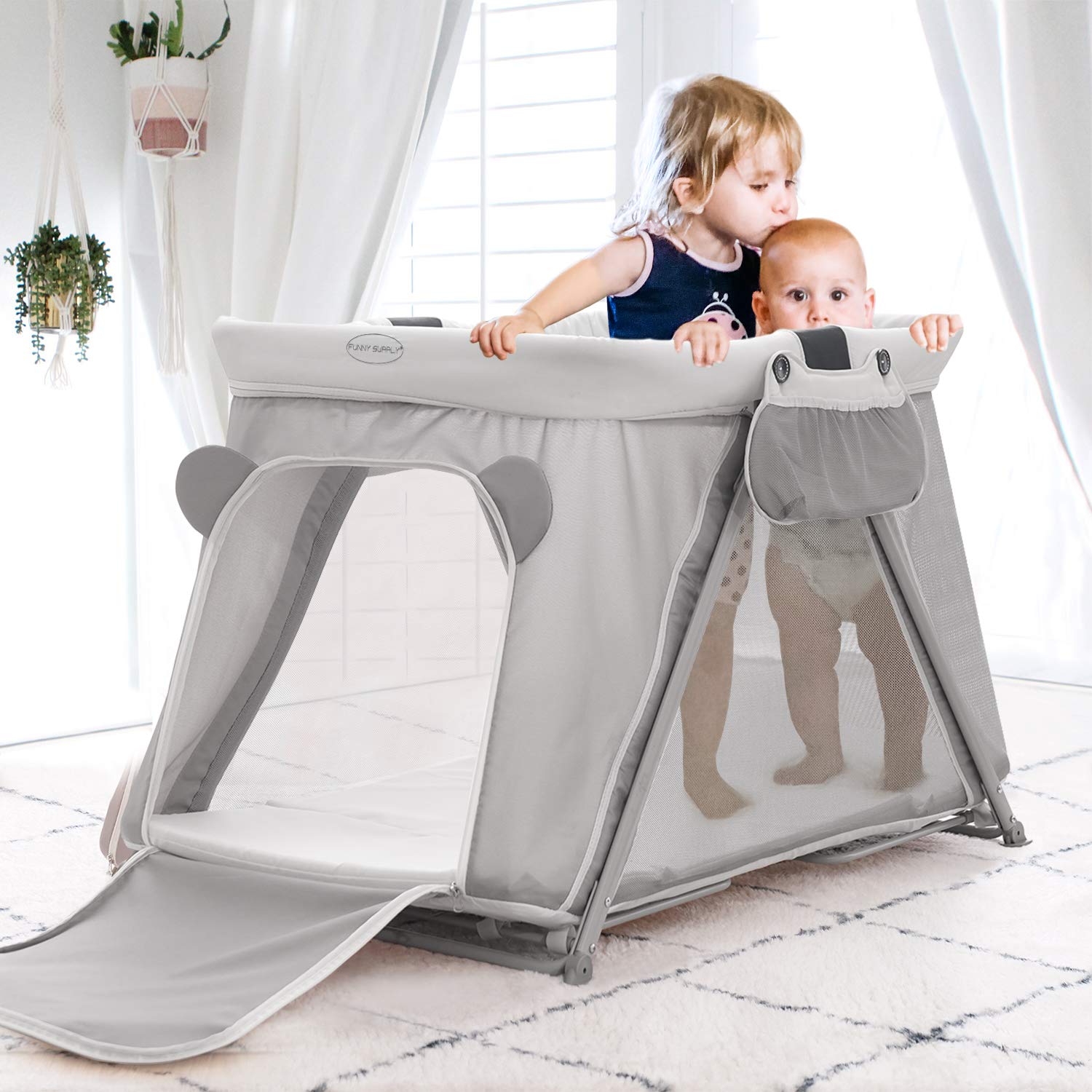 FUNNY SUPPLY 3-1 Pack n Play with Mattress and Sheet, Portable, Lightweight Sturdy Travel Cot, Baby Travel Crib, Push Button Compact Fold, Easy to Pack-Yard Grey Color