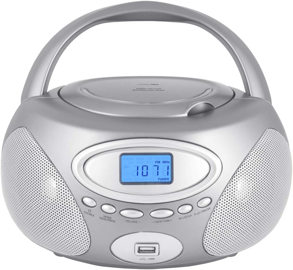 HANNLOMAX HX-311CD Portable CD/MP3 Boombox, PLL AM/FM Radio, USB Port for MP3 Playback, Aux-in, LCD Display, AC/DC Power Source (Silver)