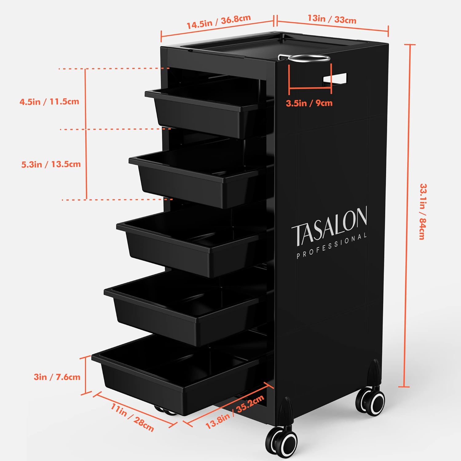 TASALON Budget Salon Trolley Cart with Wheels for Extra Storage, 5 Drawers & dryer holder, Space Saving Salon Cart with Lighter & Strong Material, Multipurpose Beauty Cart, Hair Cart, Tattoo Tray Cart
