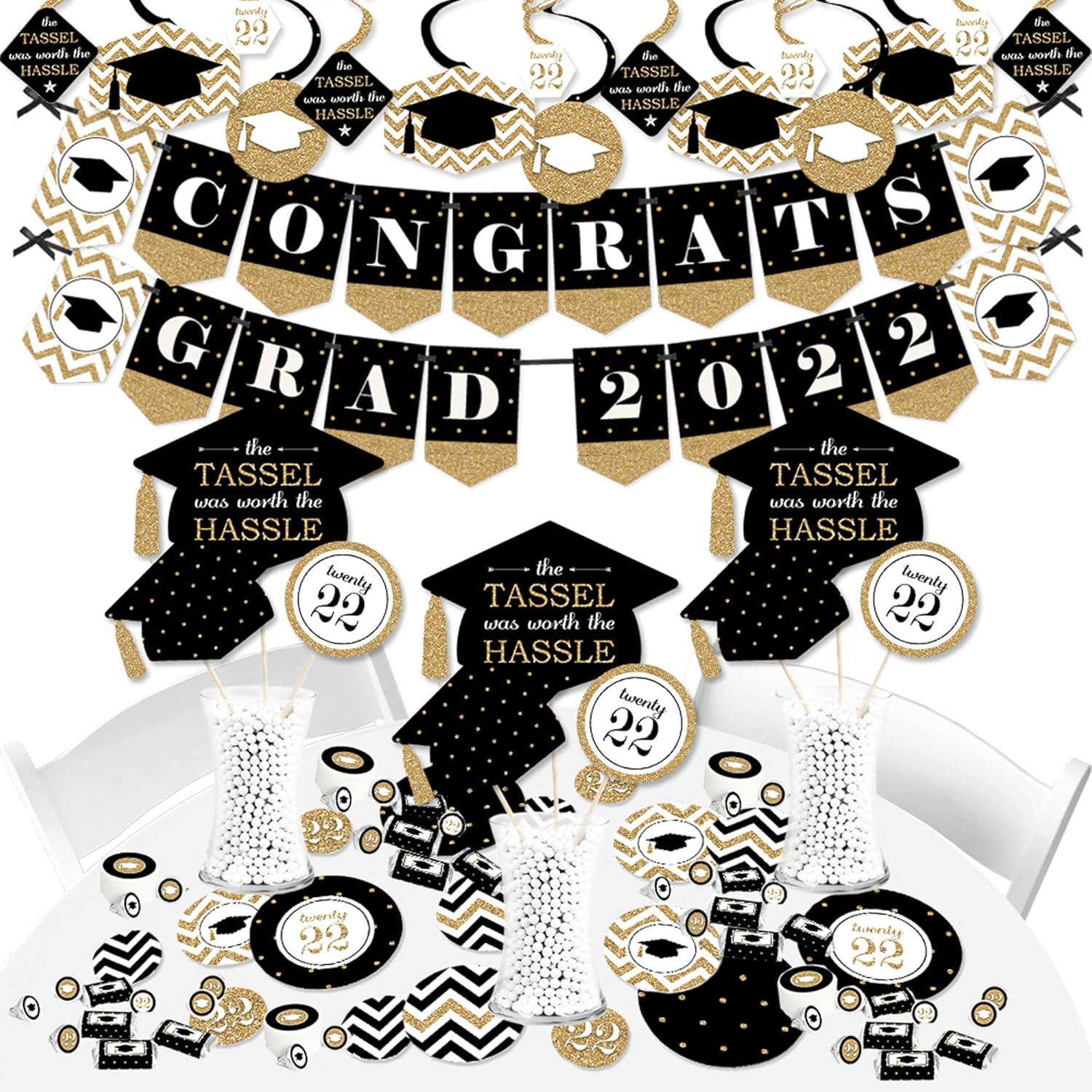 Big Dot of Happiness Gold - Tassel Worth the Hassle Grad - 2022 Black Graduation Party Supplies - Banner Decoration Kit - Fundle Bundle