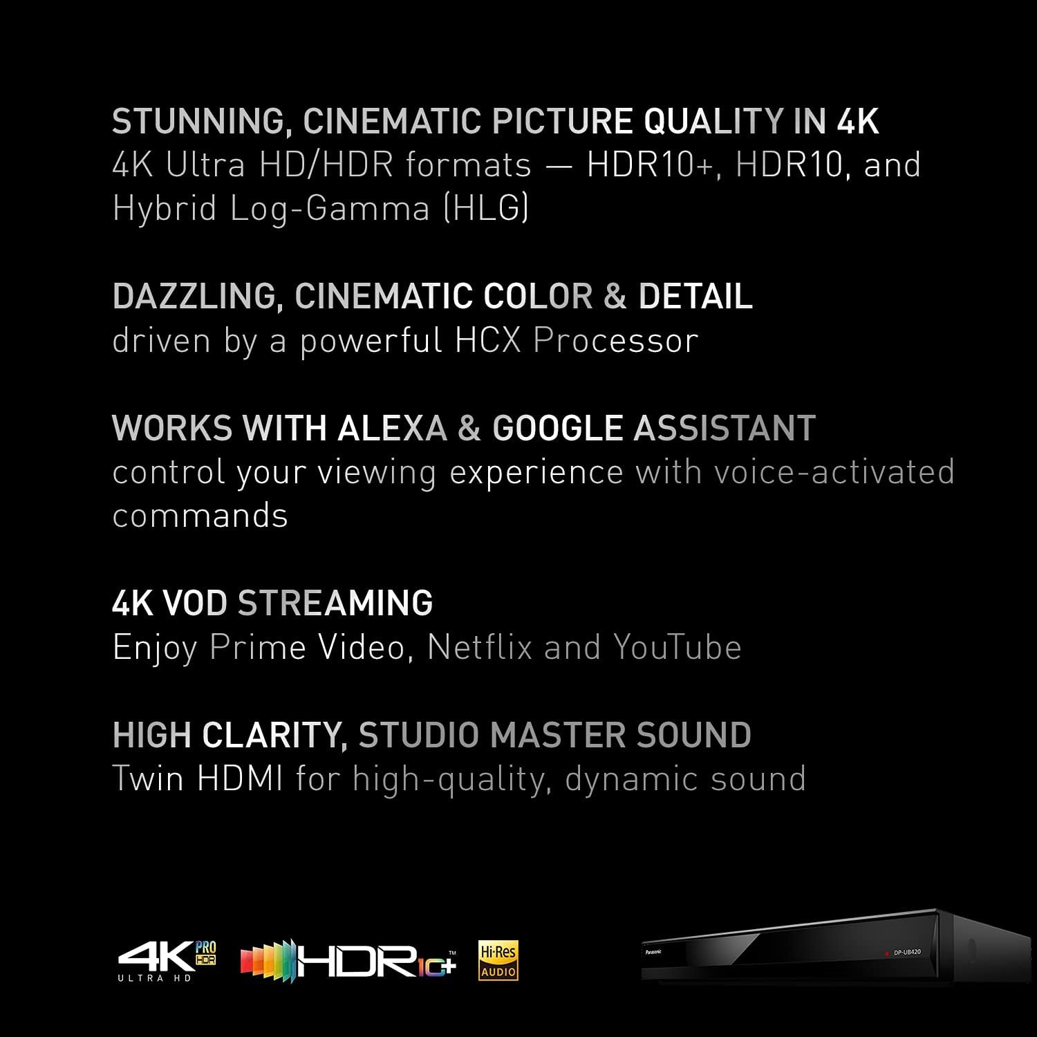 Panasonic Streaming 4K Blu Ray Player, Ultra HD Premium Video Playback with Hi-Res Audio, Voice Assist - DP-UB420-K (Black)