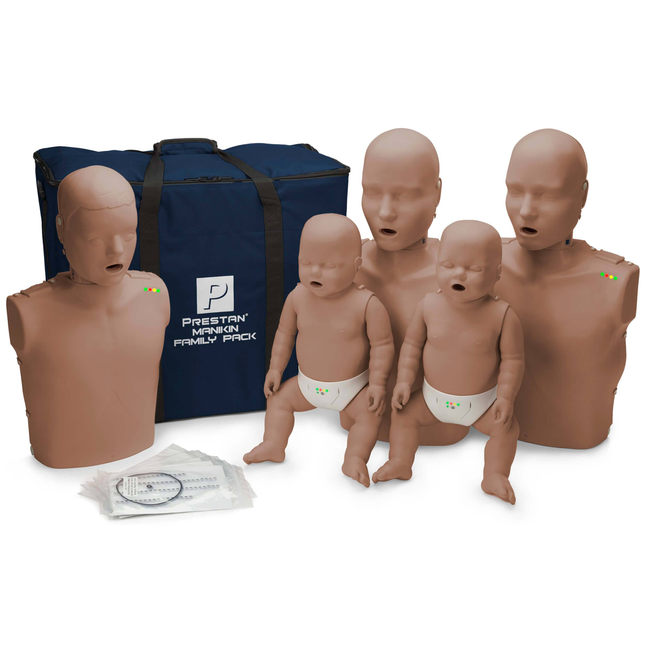 Prestan Family Pack Including 2 Adult Manikins, 1 Child Manikin and 2 Infant Manikins with CPR Monitors and Dark Skin Tone PP-FM