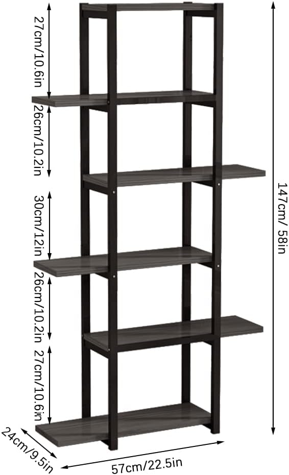 6-Tier Book Shelves, Metal Frame Industrial Bookshelf, Wooden Bookcase Office Furniture Storage Display Shelves for Bathroom Living Room Kitchen (Black)